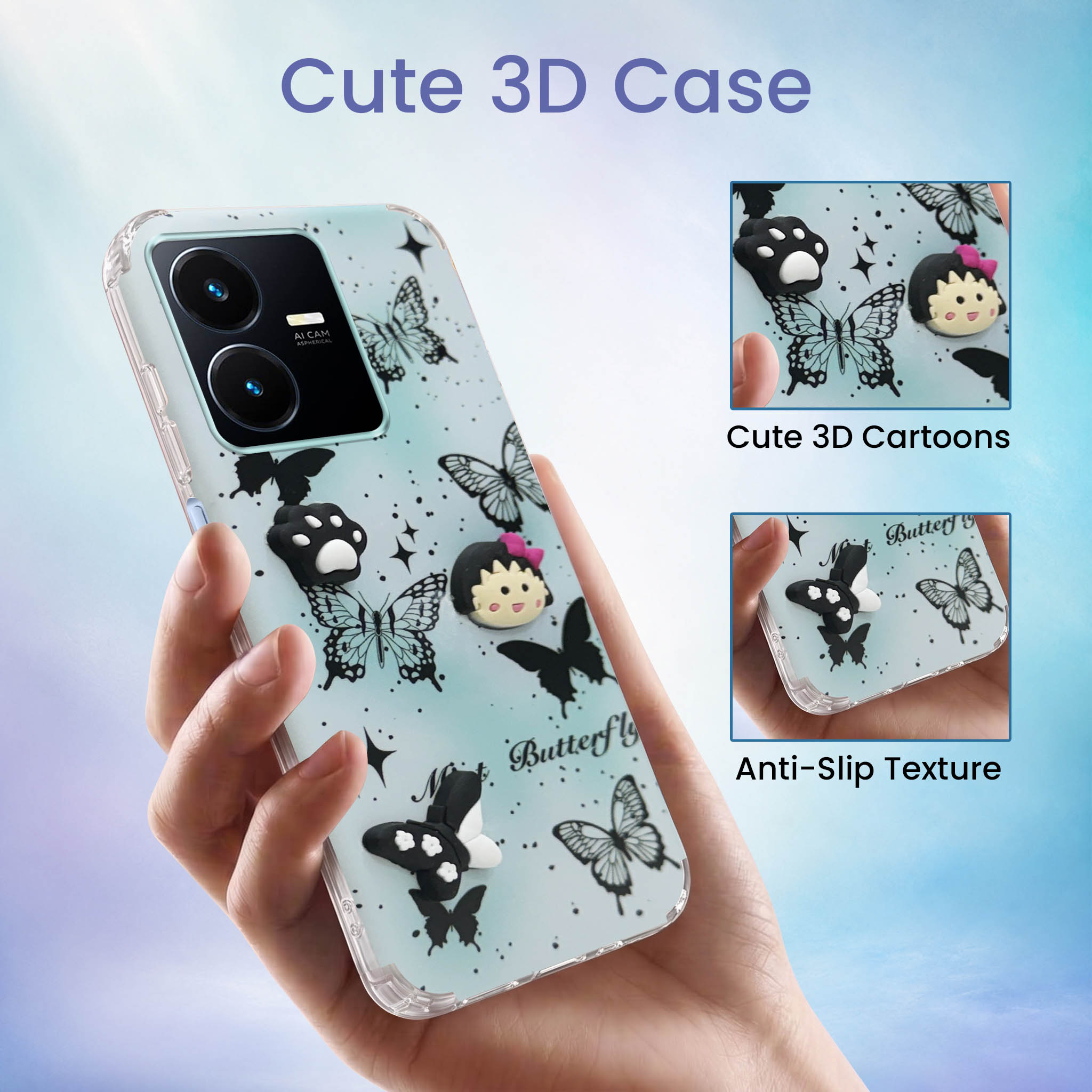 For Vivo Y22 | Vivo Y22s Back Cover Case (3D Cute Cartoons | Hard Back Side Soft | Matte Premium Finish | HD Printing)