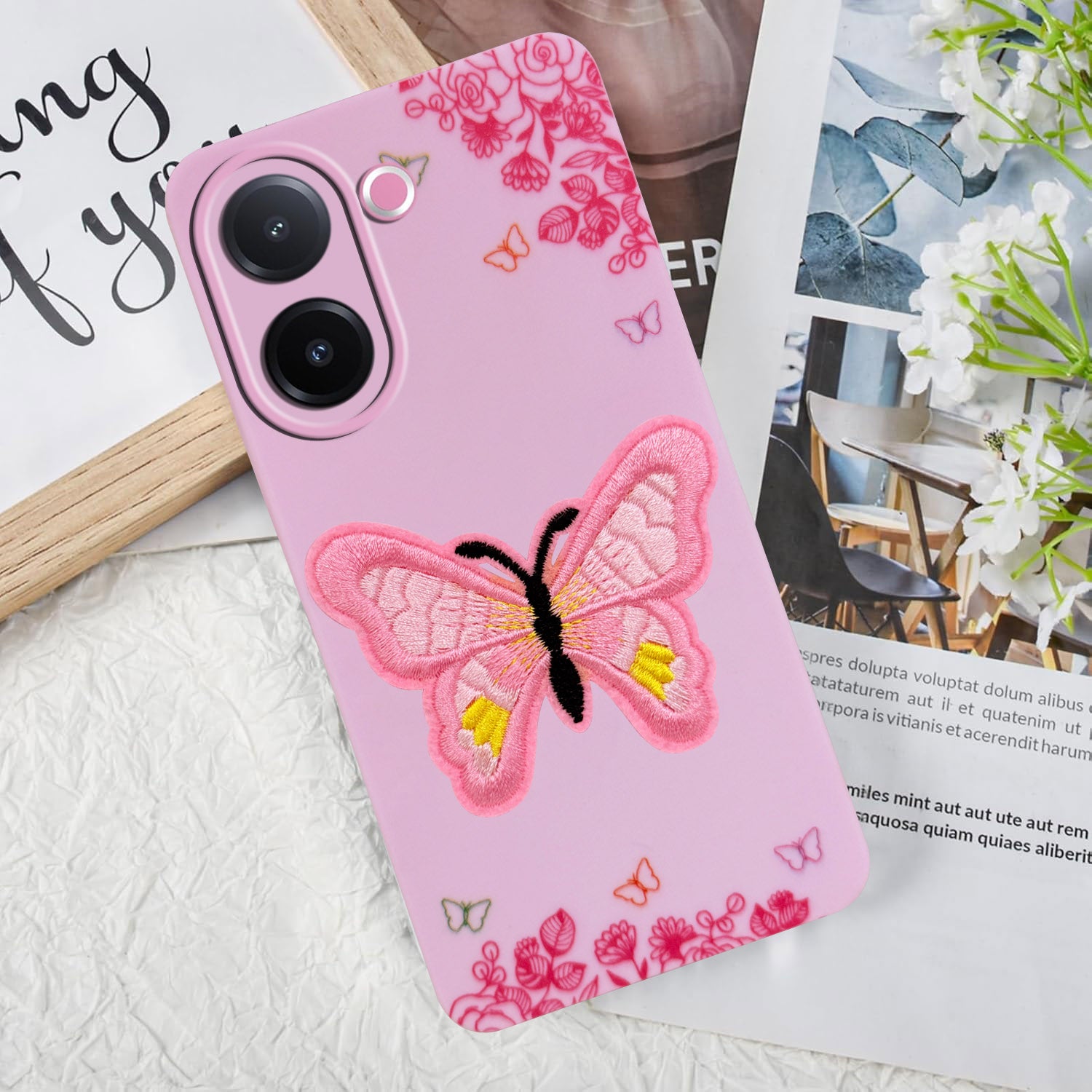 For Vivo V60e Back Cover Case (SoFt Butter Fly Embroidery | Women Teen Girls | Camera Protection| Matte Silicone)