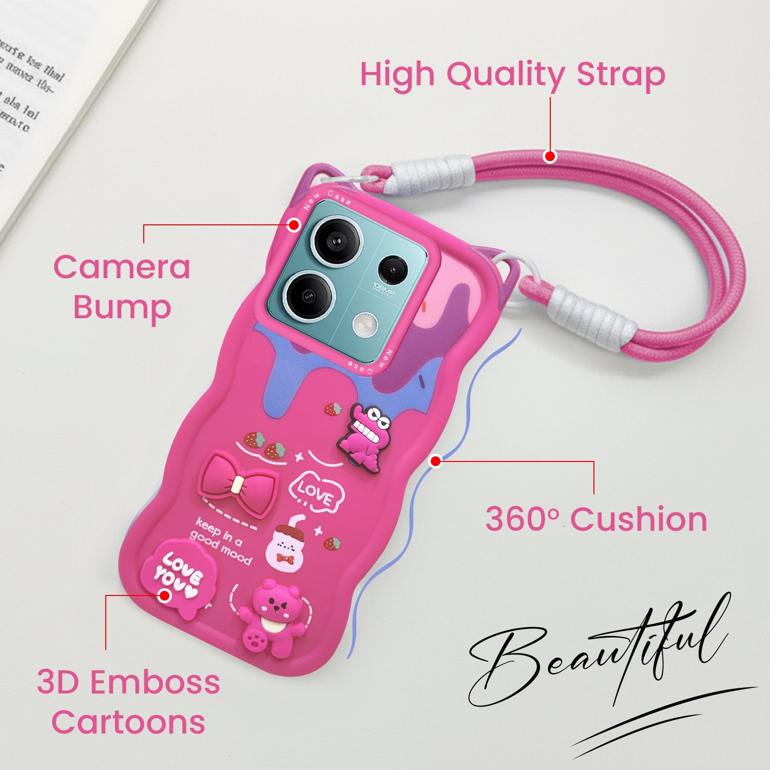 For Xiaomi Redmi Note 13 5G Back Case Cover Strap (3D embossed Figures | Strap Holder | 360* Soft Cushion with Camera Bump)