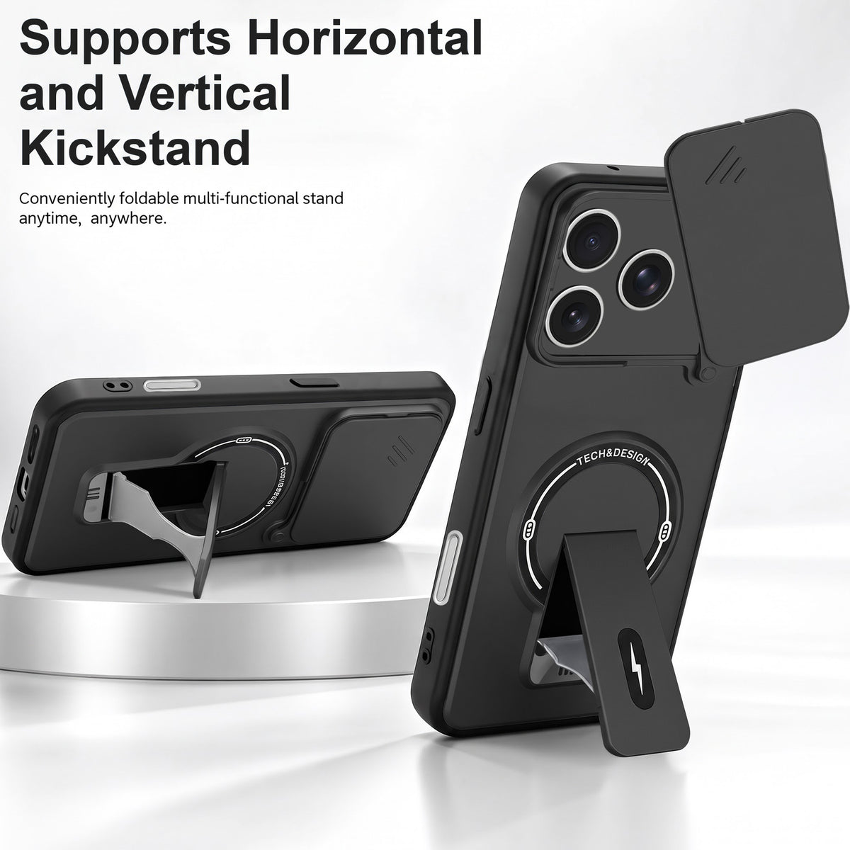 For Apple iPhone 17 Pro Back Case Cover Metallic (Hybrid Armor Kickstand | Sliding Shutter Camera Protection | MagSafe Compatible)