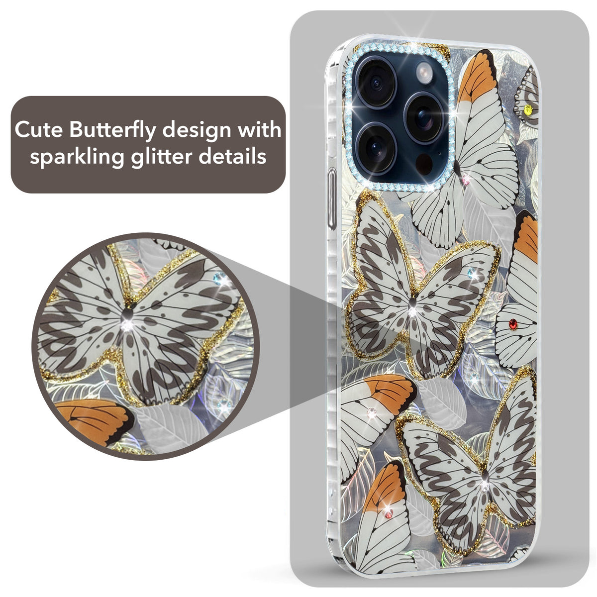 For Apple iPhone 15 Pro Max Back Cover Case (Luxury Floral Glitter Cute Butterfly | Diamond Studded Camera Bump | Girls & Women Design)