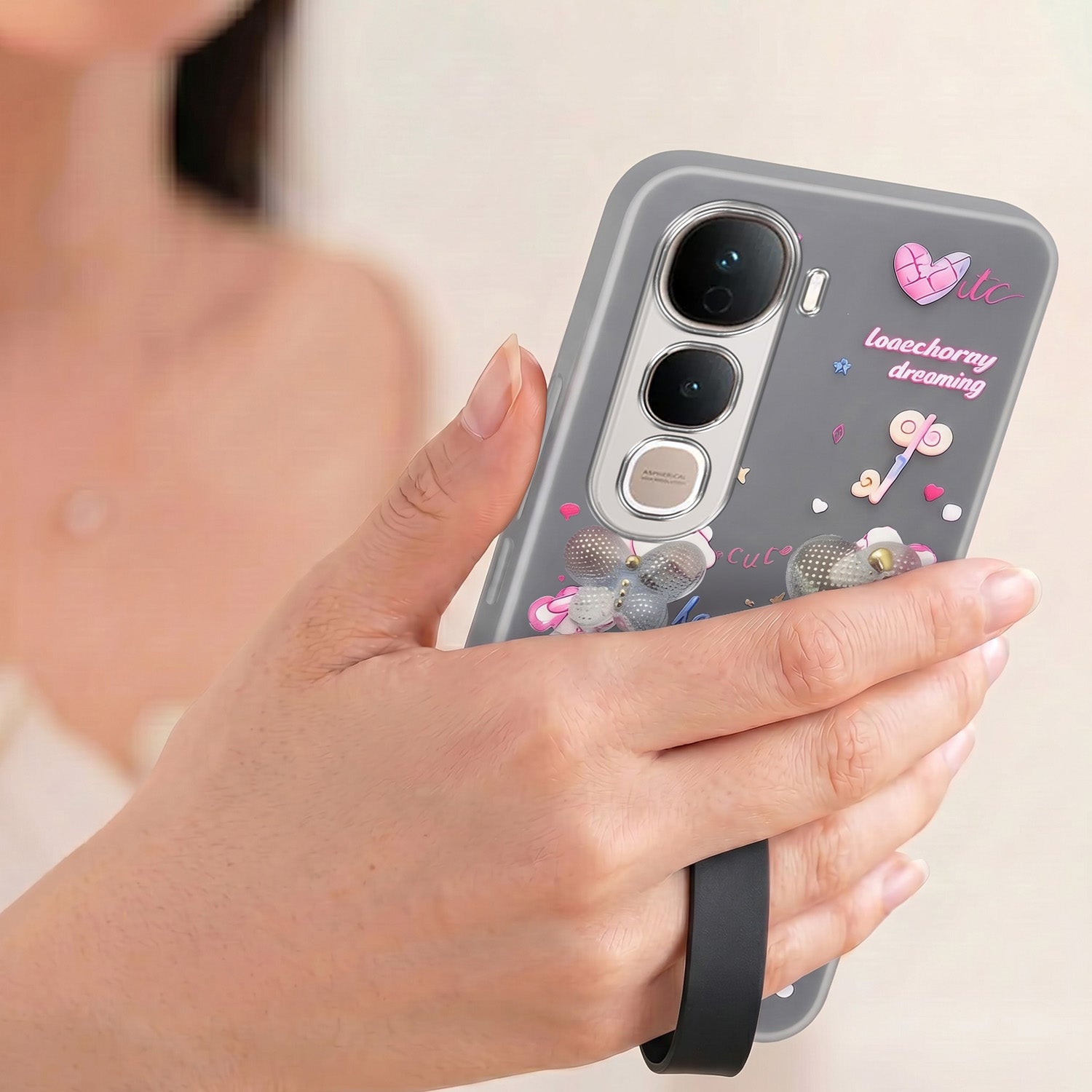 For Vivo Y400 Pro Back Cover Case (3D Cute Heart Strap Holder | Camera Protection | Designer Girls Print)