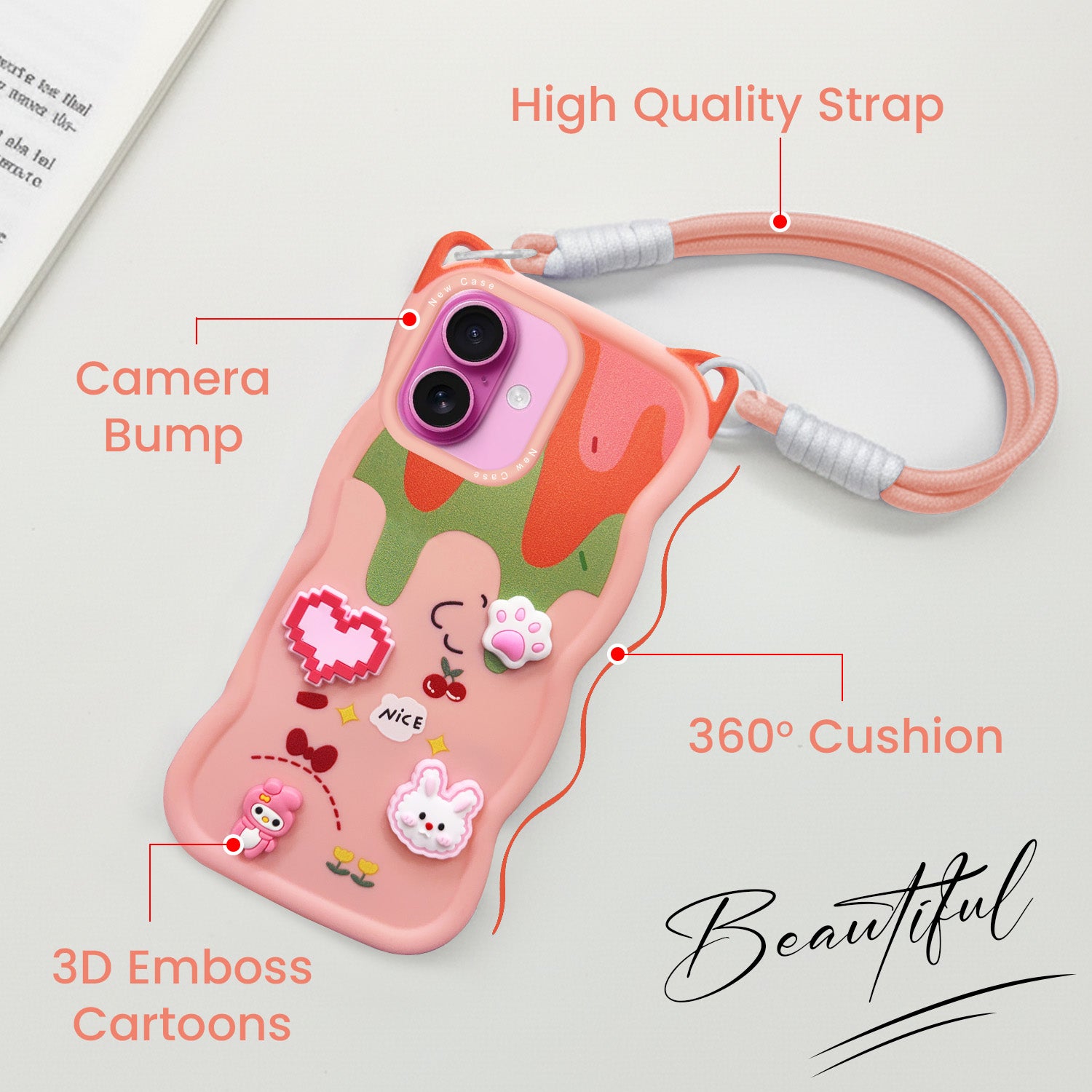 For Apple iPhone 16 Plus Back Case Cover Strap (3D Embossed Figures | Strap Holder | 360* Soft Cushion with Camera Bump)