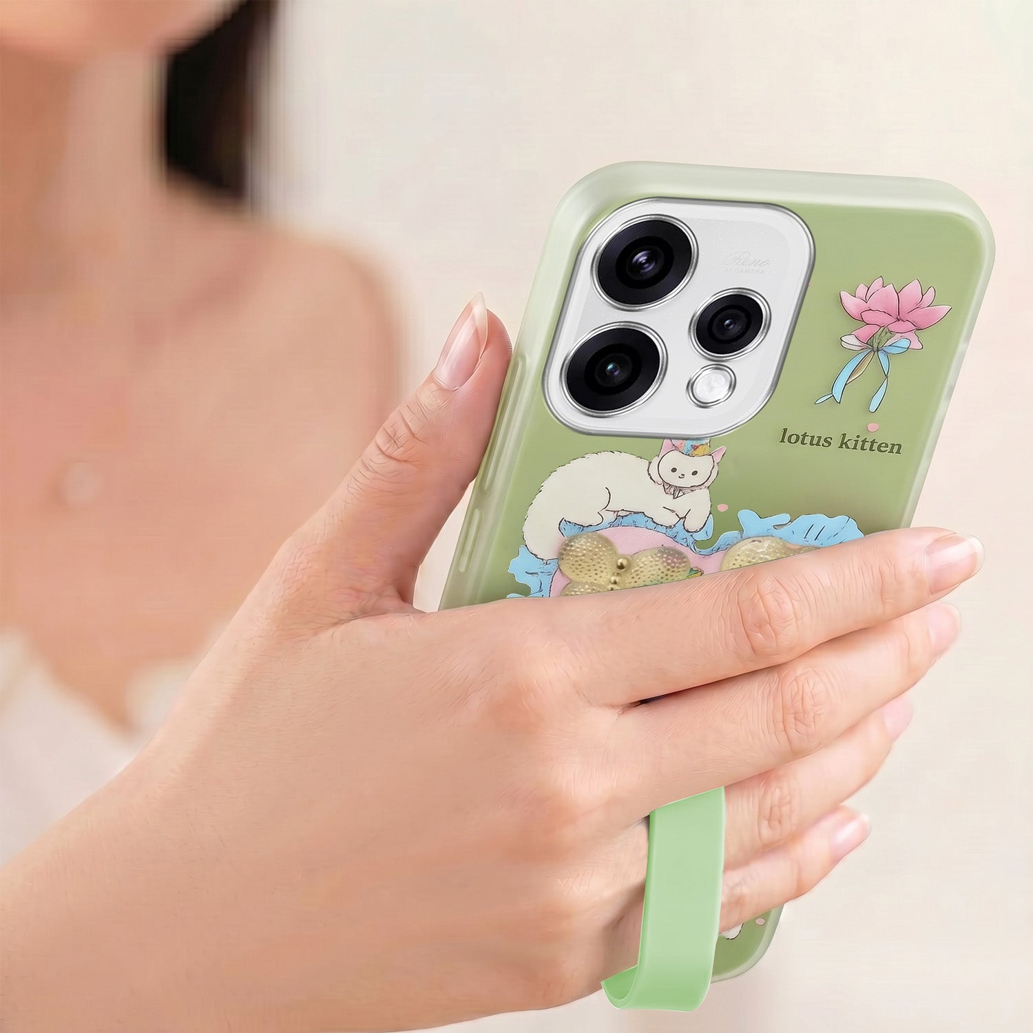 For Oppo Reno15 5G Back Cover Case (3D Cute Heart Strap Holder | Camera Protection | Designer Girls Print)