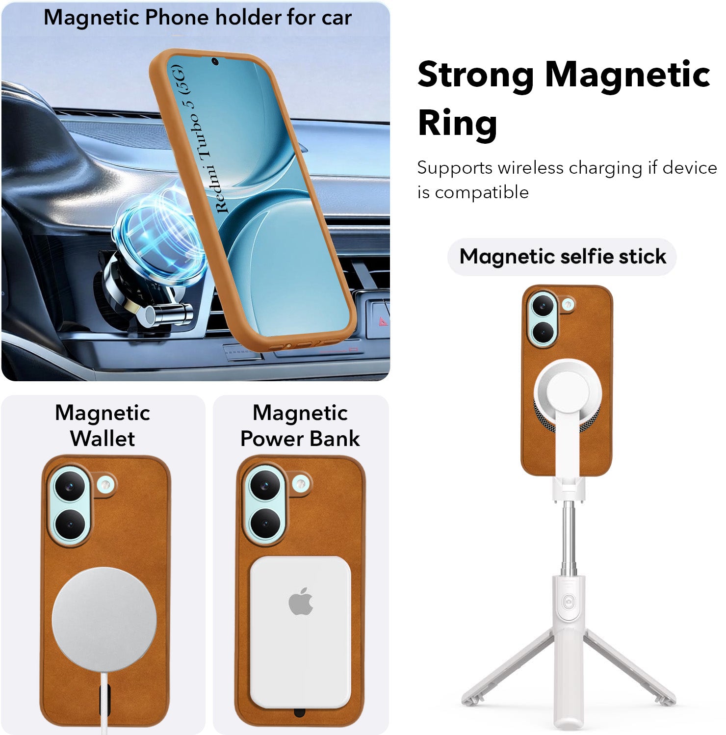 For Redmi Turbo 5 Back Cover Case Leather Finish (MagSafe Compatible Wireless Charging | Soft Touch | Camera Bump Protection)