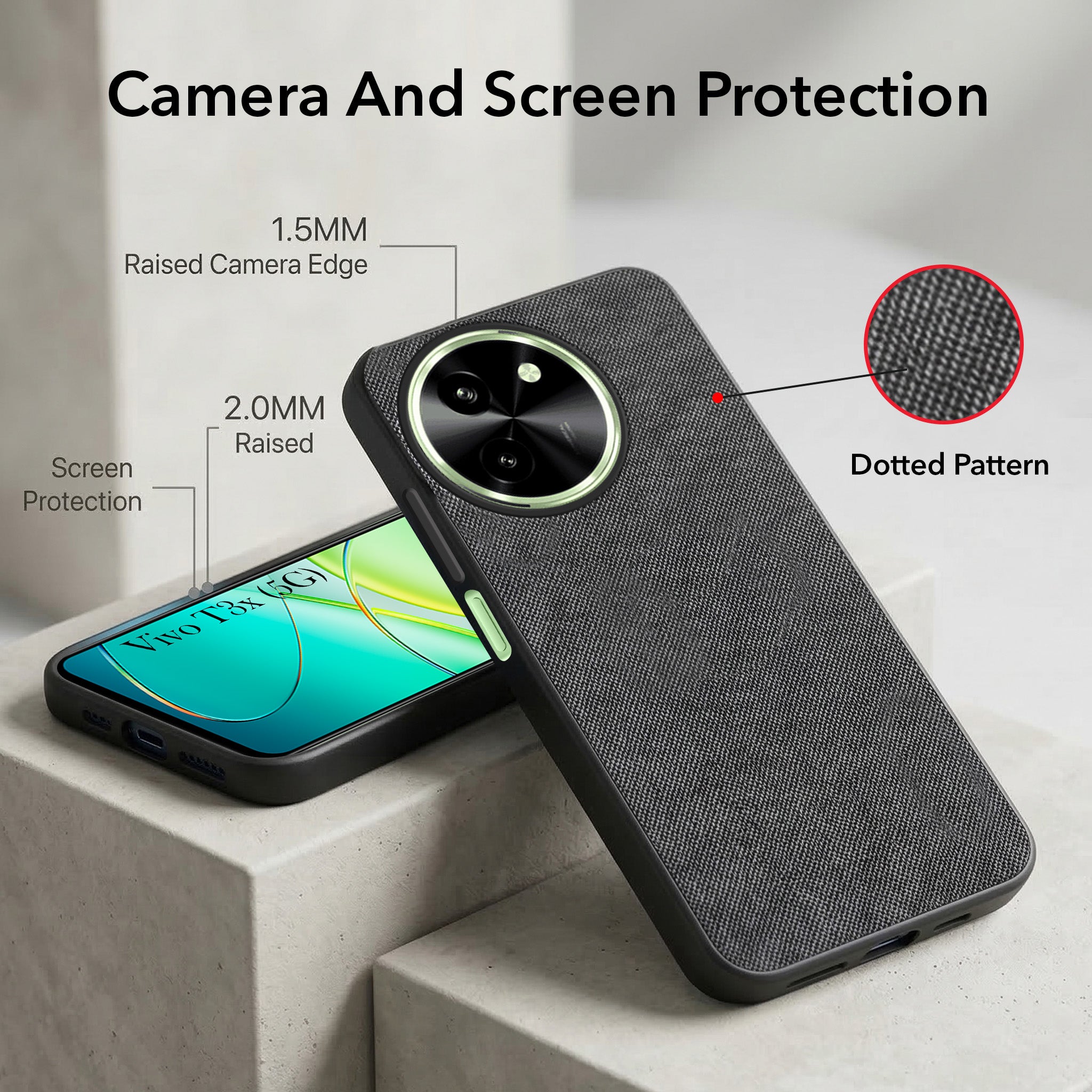 For Vivo T3X 5G Combo with Back Cover and 9H Tempered Glass (Textured Grip Design | Micro-Fiber Cloth Inside | Oleophobic Coating Screen Glass)