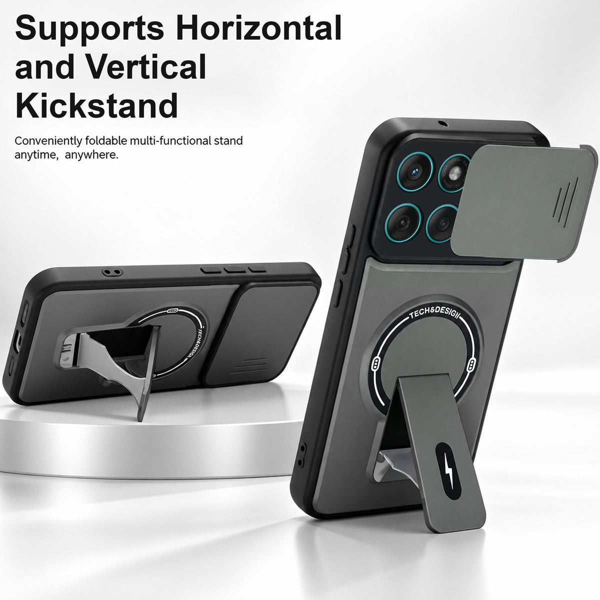 For Motorola Moto Edge 60 Fusion Back Case Cover Metallic (Hybrid Armor Kickstand | Sliding Shutter Camera Protection | MagSafe Compatible)