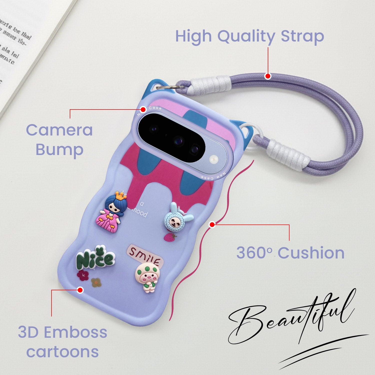 For Google Pixel 10 Back Case Cover Strap (3D Embossed Figures | Strap Holder | 360* Soft Cushion with Camera Bump)
