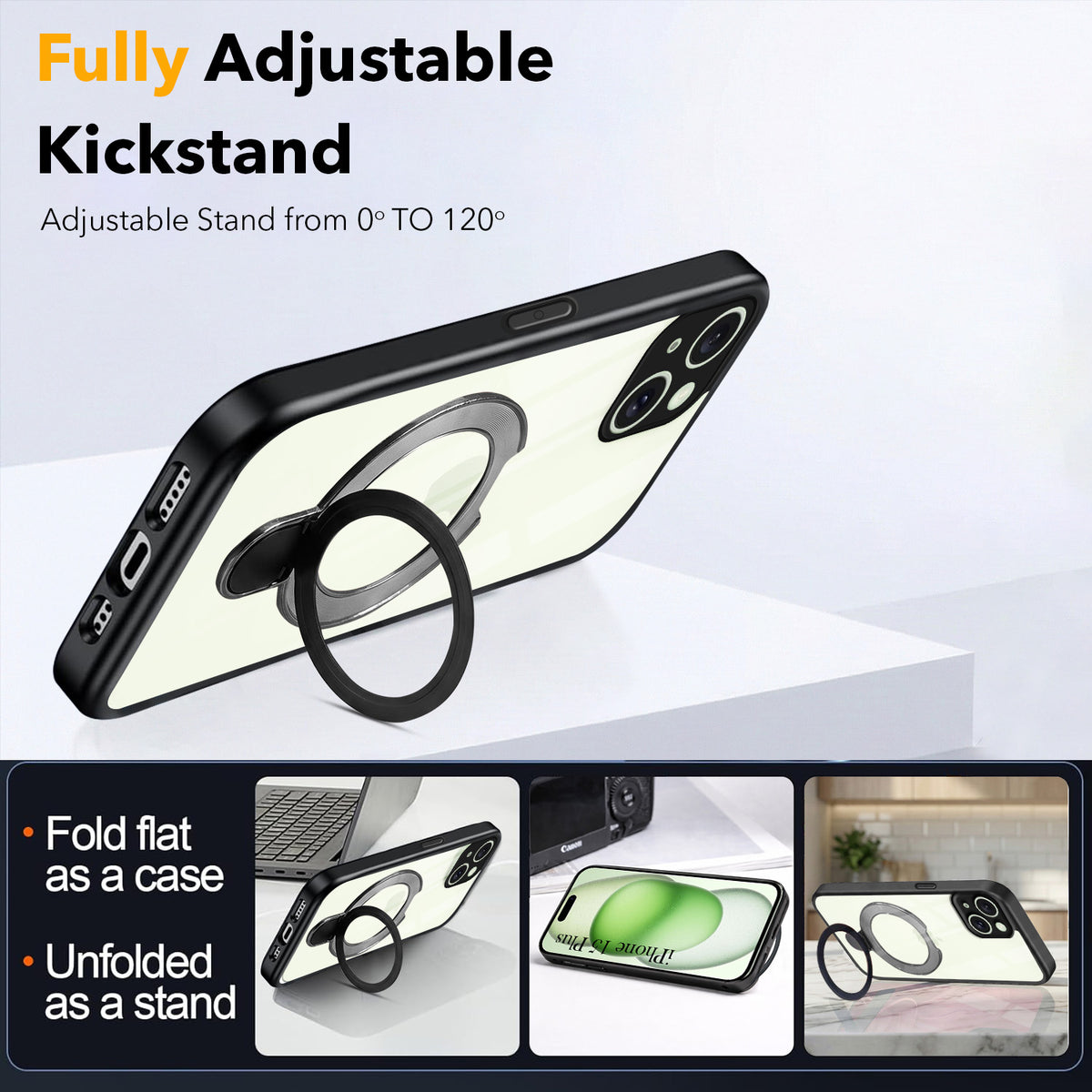 For iPhone 15 Plus Back Cover Case (Kick Stand Ring Holder | Life time Anti Yellow | Camera Protection)