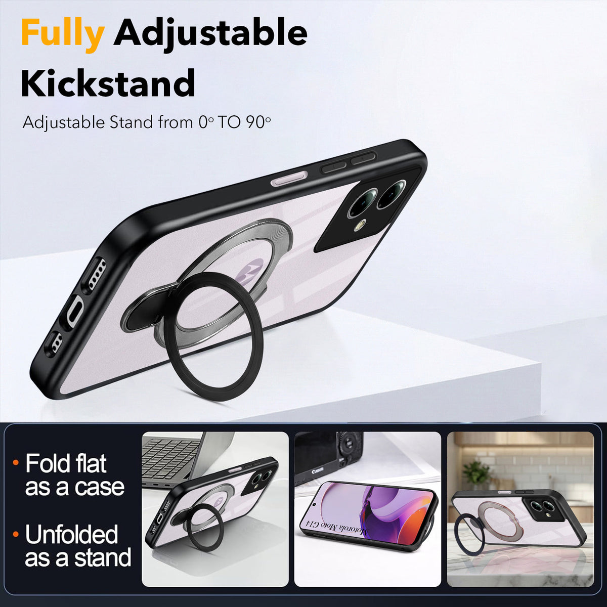 For Motorola Moto G14 Back Cover Case (Kick Stand Ring Holder | Life time Anti Yellow | Camera Protection)