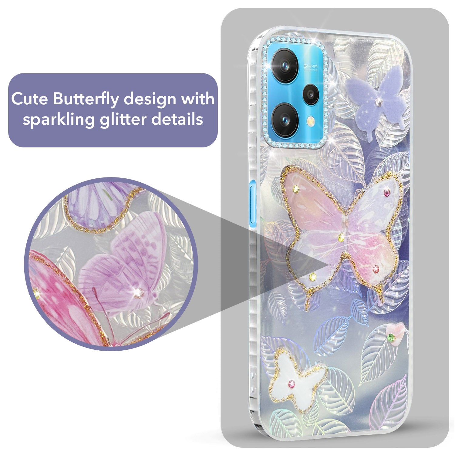 For Realme 9 Pro Back Cover Case (Luxury Floral Glitter Cute Butterfly | Diamond Studded Camera Bump | Girls & Women Design)