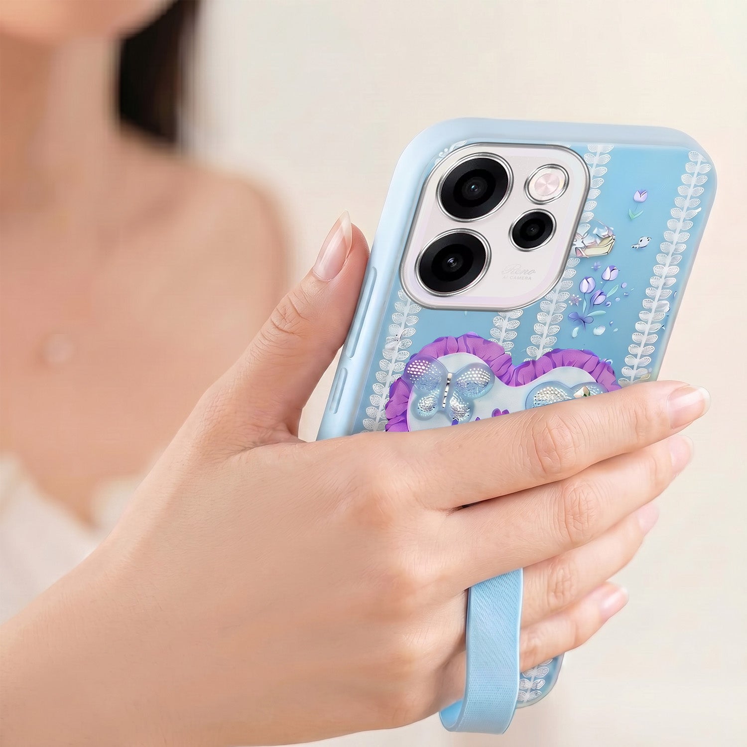 For Oppo Reno 15c Back Cover Case (3D Cute Heart Strap Holder | Camera Protection | Designer Girls Print)