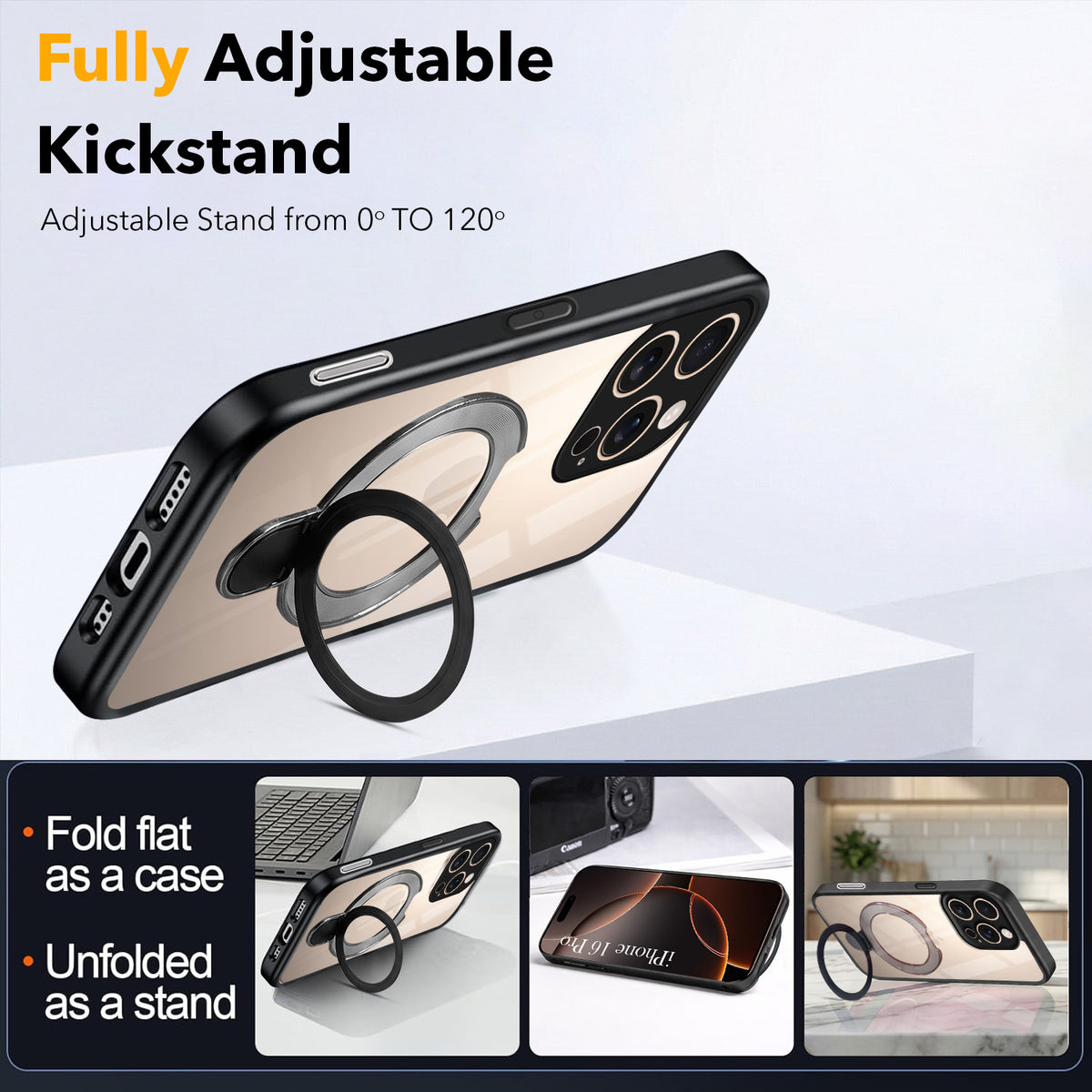 For Apple iPhone 16 Pro Back Cover Case (Kick Stand Ring Holder | Life time Anti Yellow | Camera Protection)