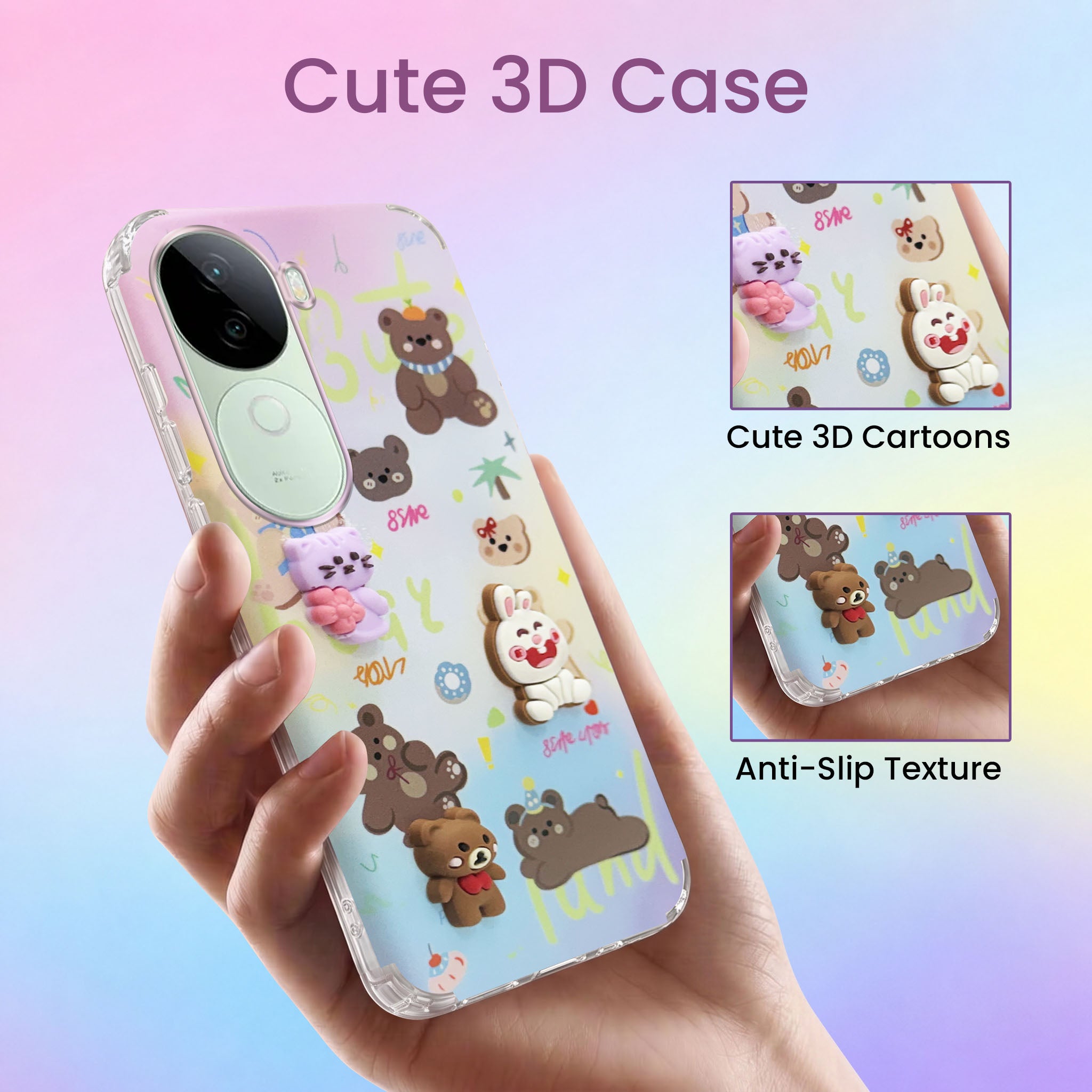 For Vivo V40e Back Cover Case (3D Cute Cartoons | Hard Back Side Soft | Matte Premium Finish | HD Printing)