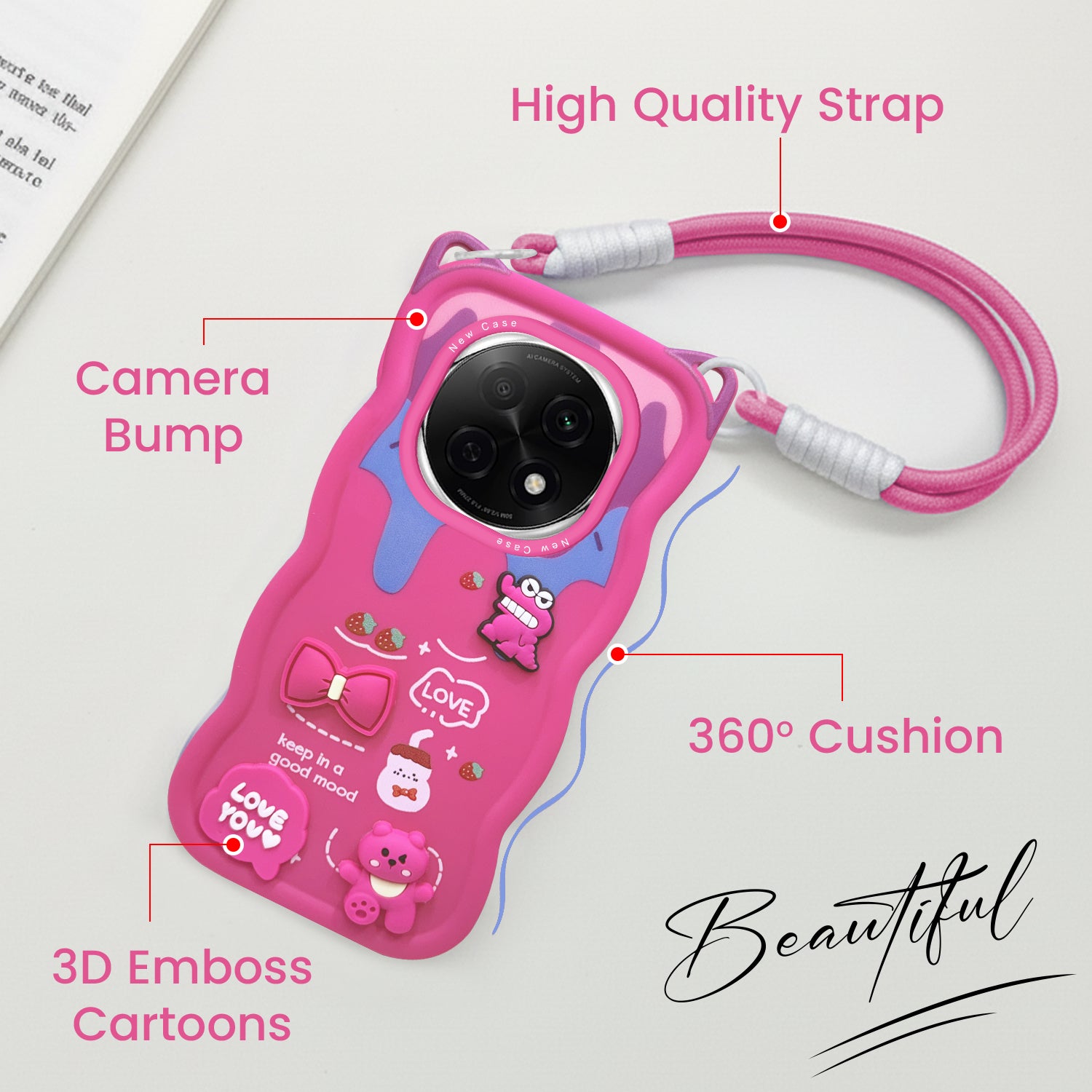 For Oppo F29 Pro Back Case Cover Strap (3D embossed Figures | Strap Holder | 360* Soft Cushion with Camera Bump)