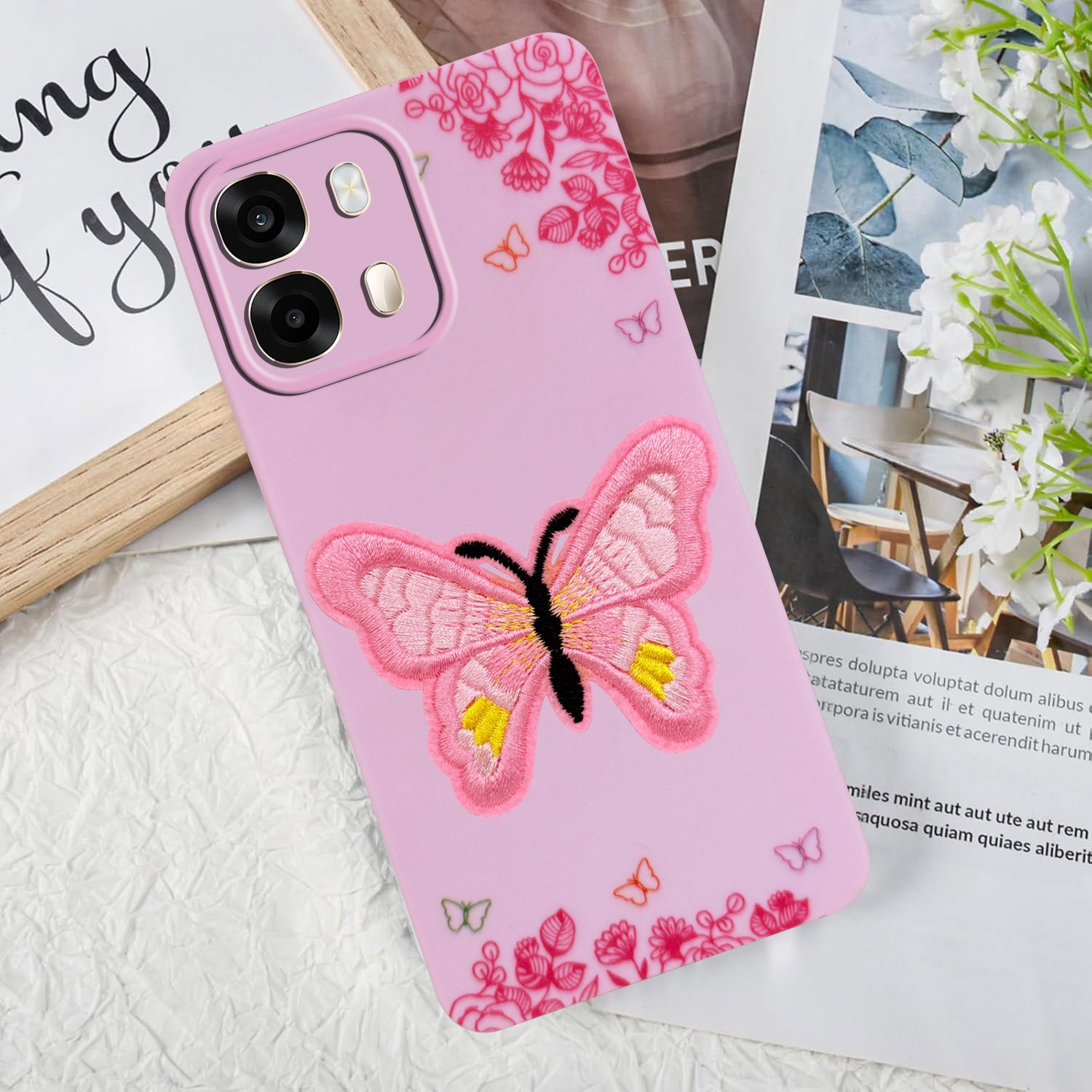 For Oppo A6 Pro Back Cover Case (Soft Butterfly Embroidery | Women Teen Girls | Camera Protection| Matte Silicone)