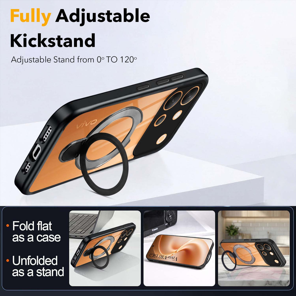 For Vivo V80 5G Back Cover Case (Kick Stand Ring Holder | Life time Anti Yellow | Camera Protection)