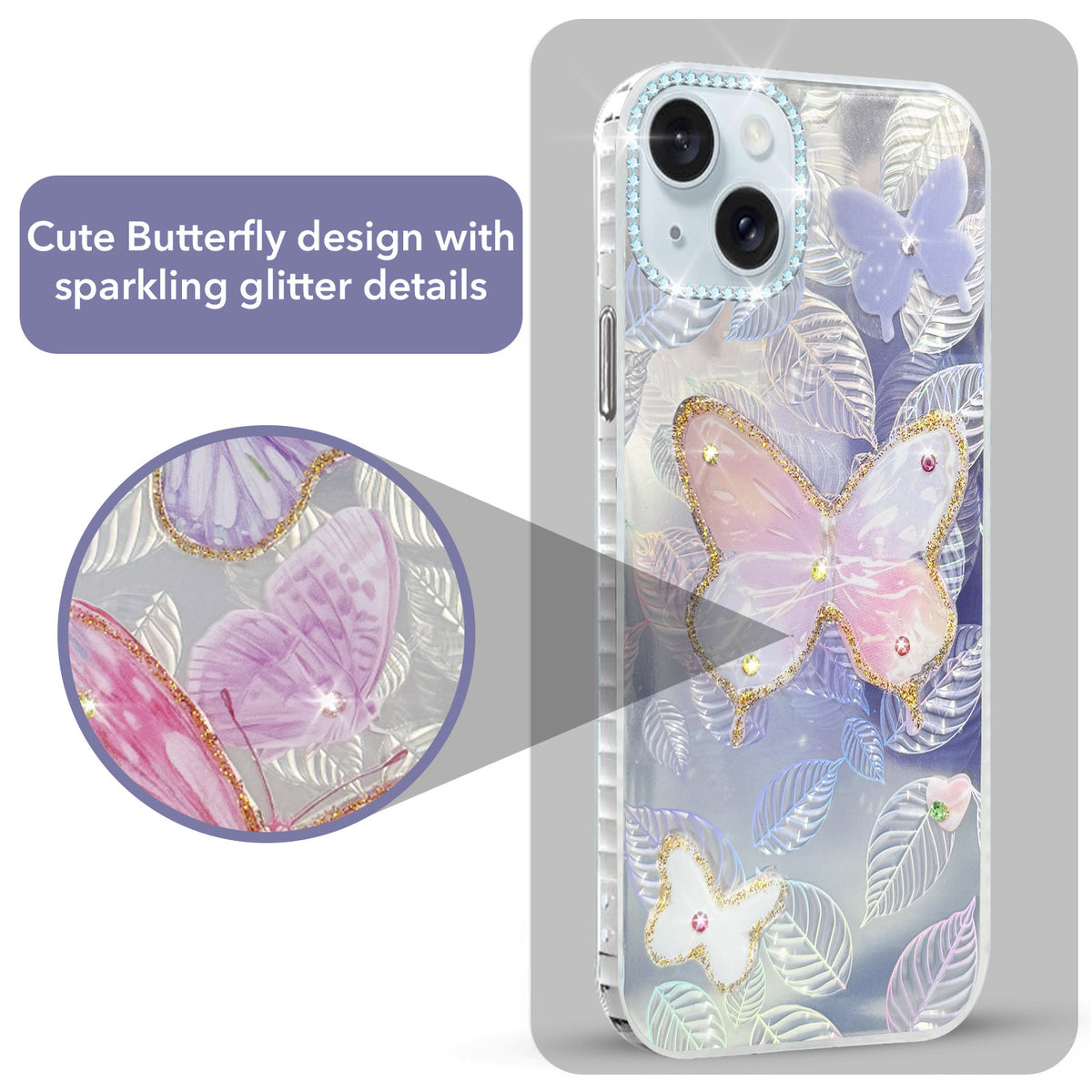 For Apple iPhone 15 Back Cover Case (Luxury Floral Glitter Cute Butterfly | Diamond Studded Camera Bump | Girls & Women Design)