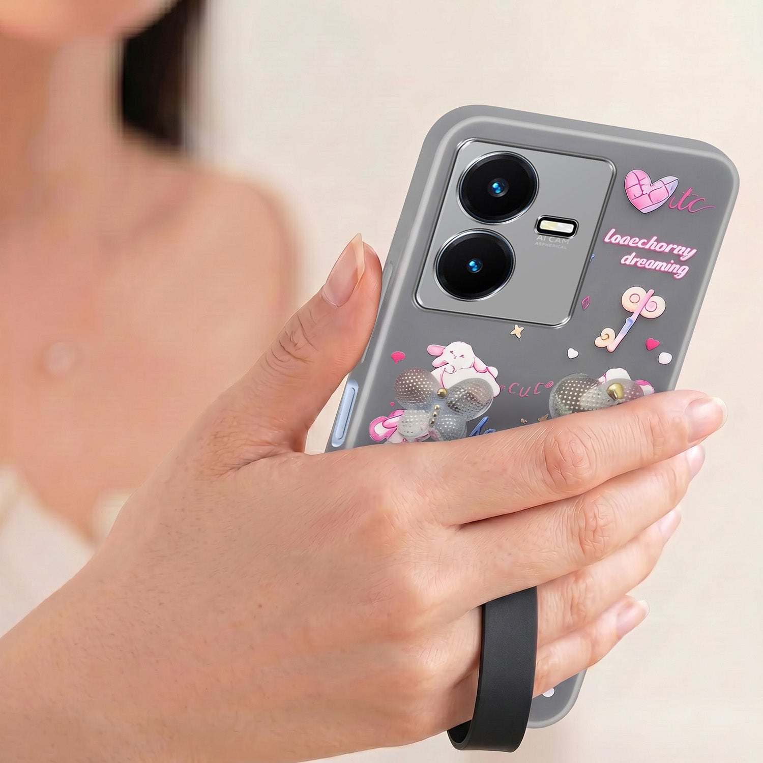 For Vivo Y22 | Vivo Y22s Back Cover Case (3D Cute Heart Strap Holder | Camera Protection | Designer Girls Print)