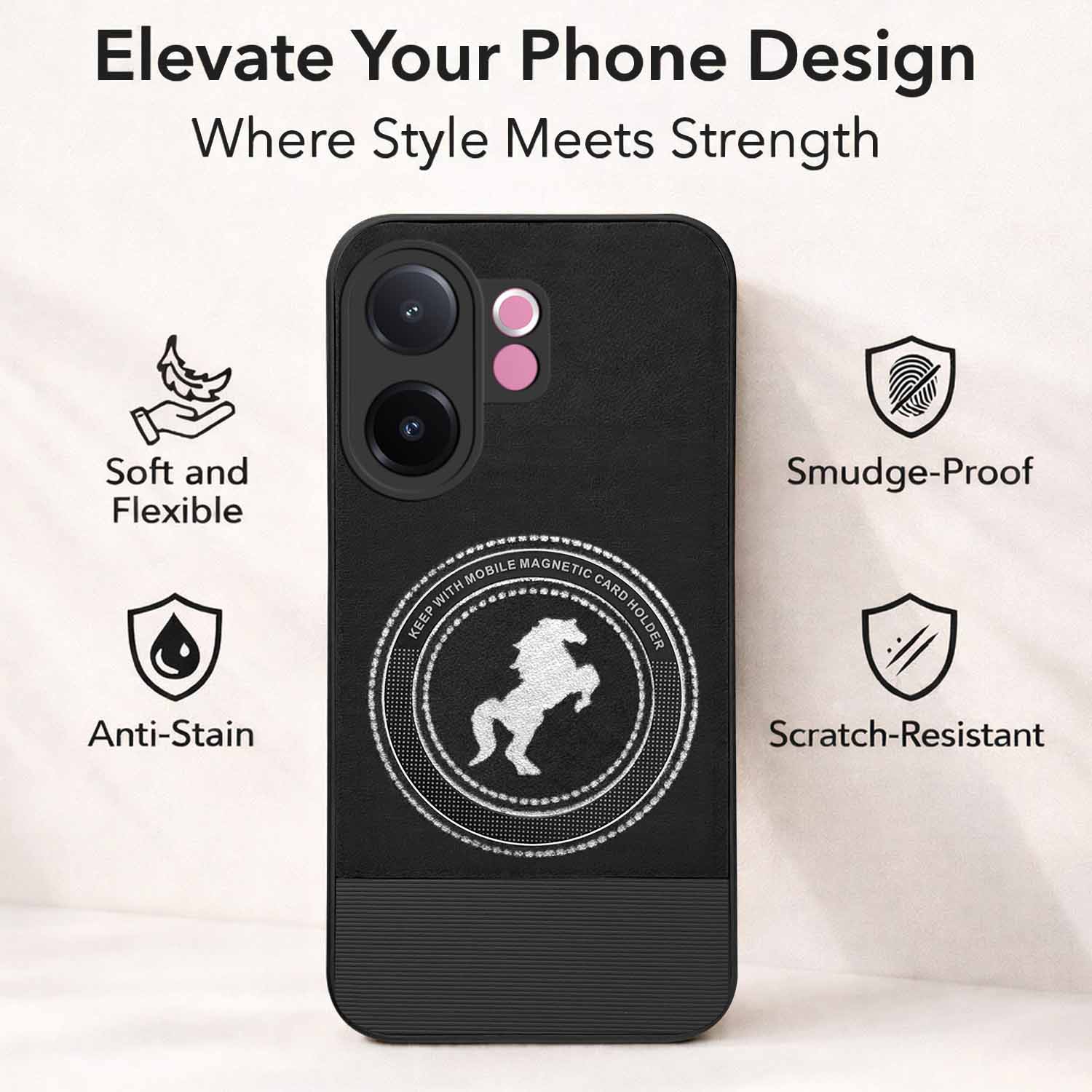 For Vivo V60e Back Cover Case PU Leather Finish (Professional Minimalist Texture | MagSafe Compatile | Camera Protection | Sleek Sober Formal)