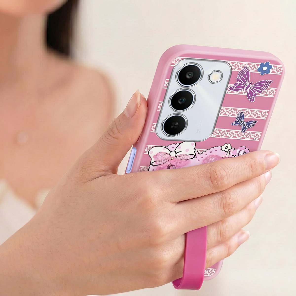 For Realme P4 Lite 5G | Narzo 100 Lite 5G Back Cover Case (3D Cute Heart Strap Holder | Camera Protection | Designer Girls Print)