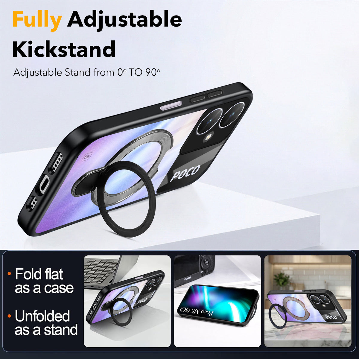 For Poco M6 5G Back Cover Case (Kick Stand Ring Holder | Life time Anti Yellow | Camera Protection)
