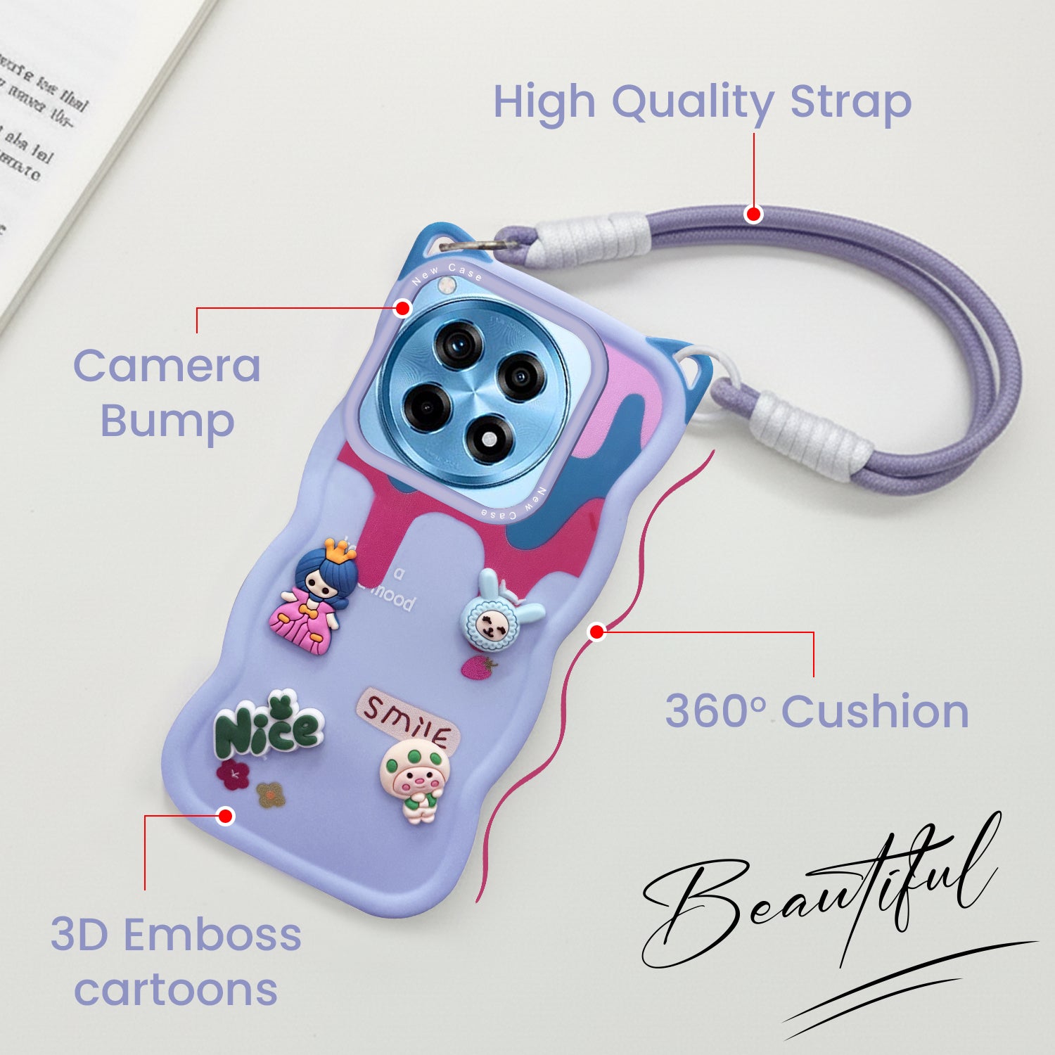 For OnePlus 12R 5G Back Case Cover Strap (3D embossed Figures | Strap Holder | 360* Soft Cushion with Camera Bump)