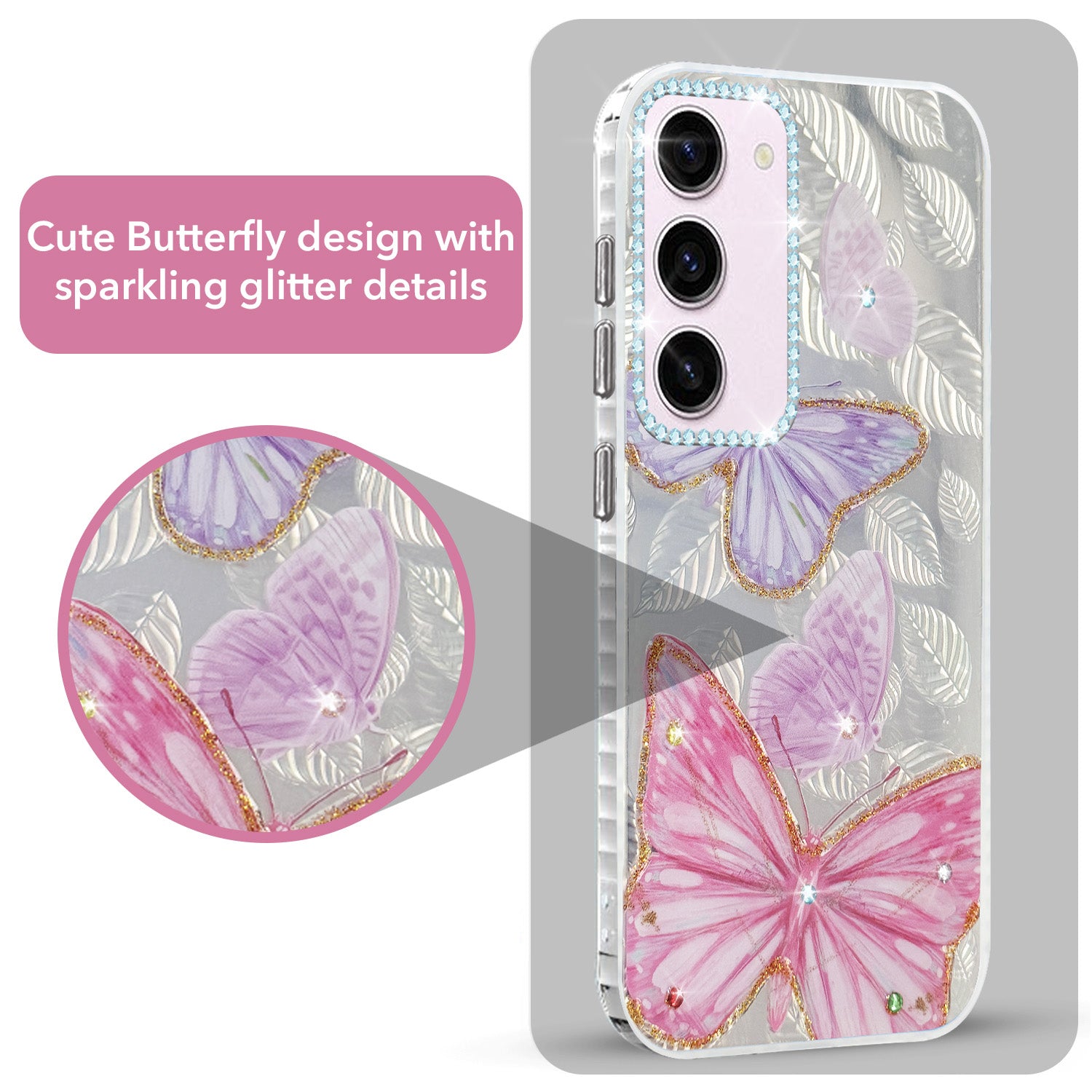 For Samsung Galaxy S23 5G Back Cover Case (Luxury Floral Glitter Cute Butterfly | Diamond Studded Camera Bump | Girls & Women Design)