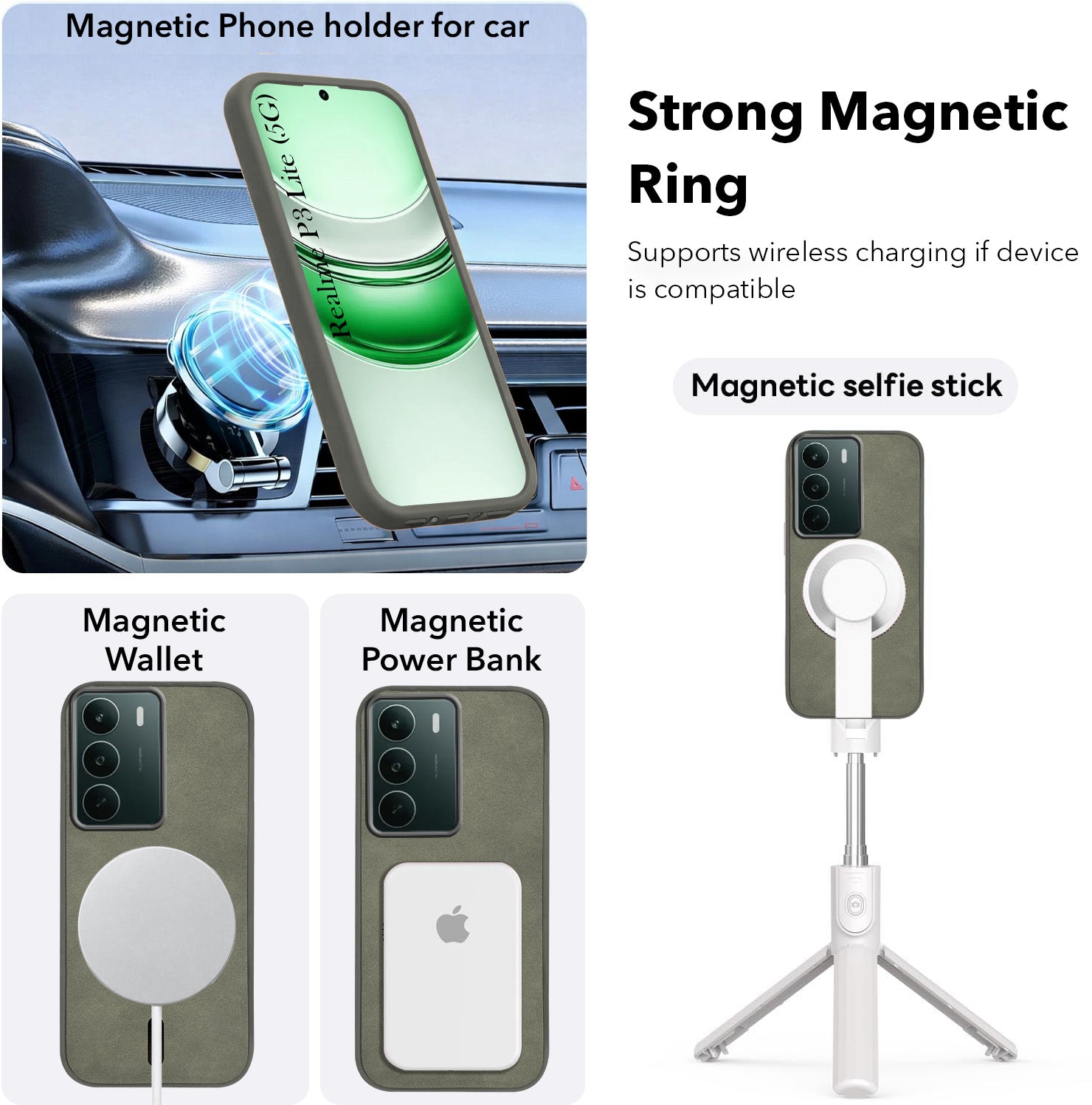 For Realme P3 lite Back Cover Case Leather Finish (MagSafe Compatible Wireless Charging | Soft Touch | Camera Bump Protection)