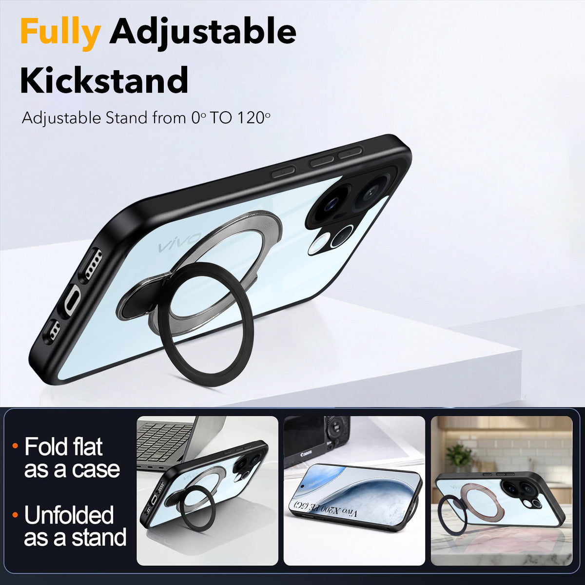 For Vivo X200 FE Back Cover Case (Kick Stand Ring Holder | Life time Anti Yellow | Camera Protection)