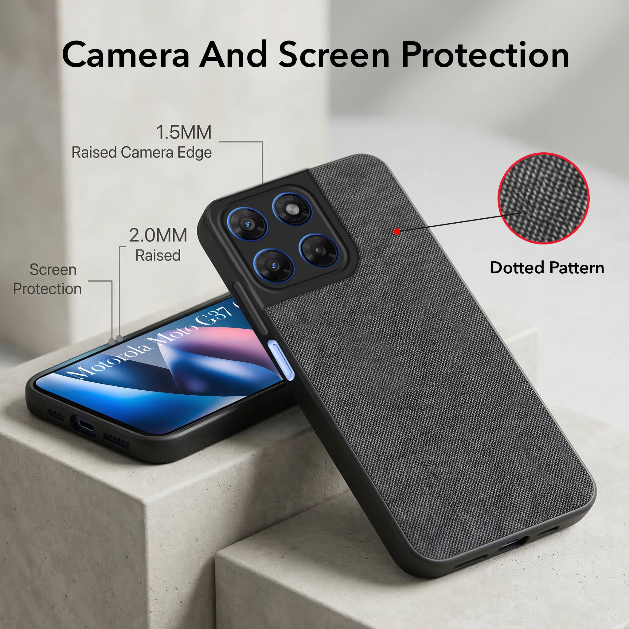For Motorola Moto G37 Combo with Back Cover and 9H Tempered Glass (Textured Grip Design | Micro-Fiber Cloth Inside | Oleophobic Coating Screen Glass)