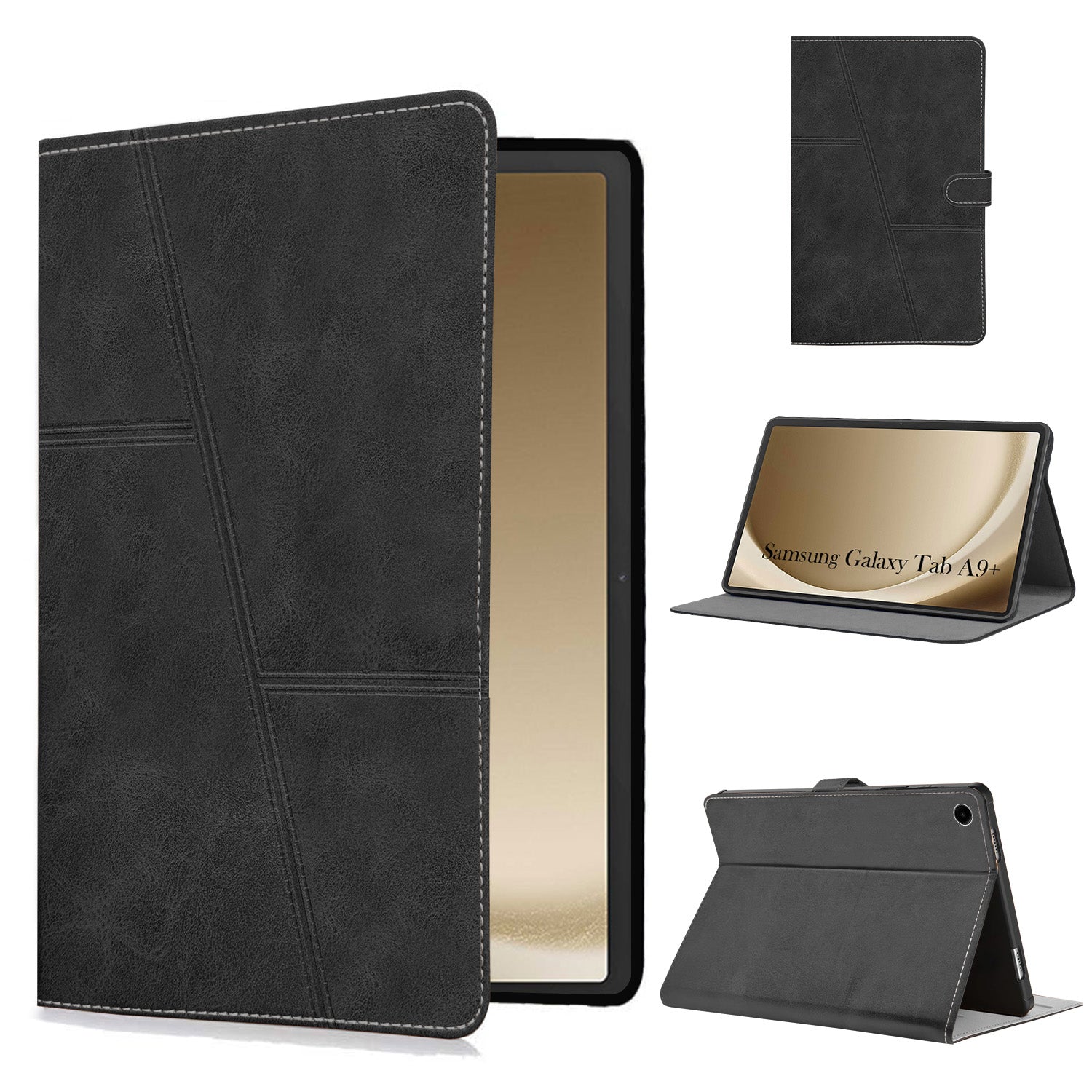 For Flip Cover Folio Case Samsung Galaxy Tab A9+ (SM-X210, SM-X215, SM-X216B) 12 Inch (PU Leather | Multi-Angle Smart Stand | Card Storage Slots | Silicone Back Pouch)