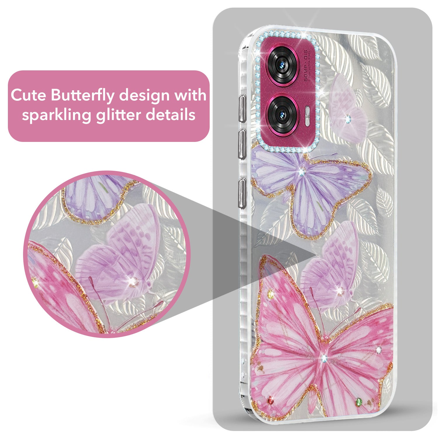 For Motorola Moto Edge 50 Fusion Back Cover Case (Luxury Floral Glitter Cute Butterfly | Diamond Studded Camera Bump | Girls & Women Design)
