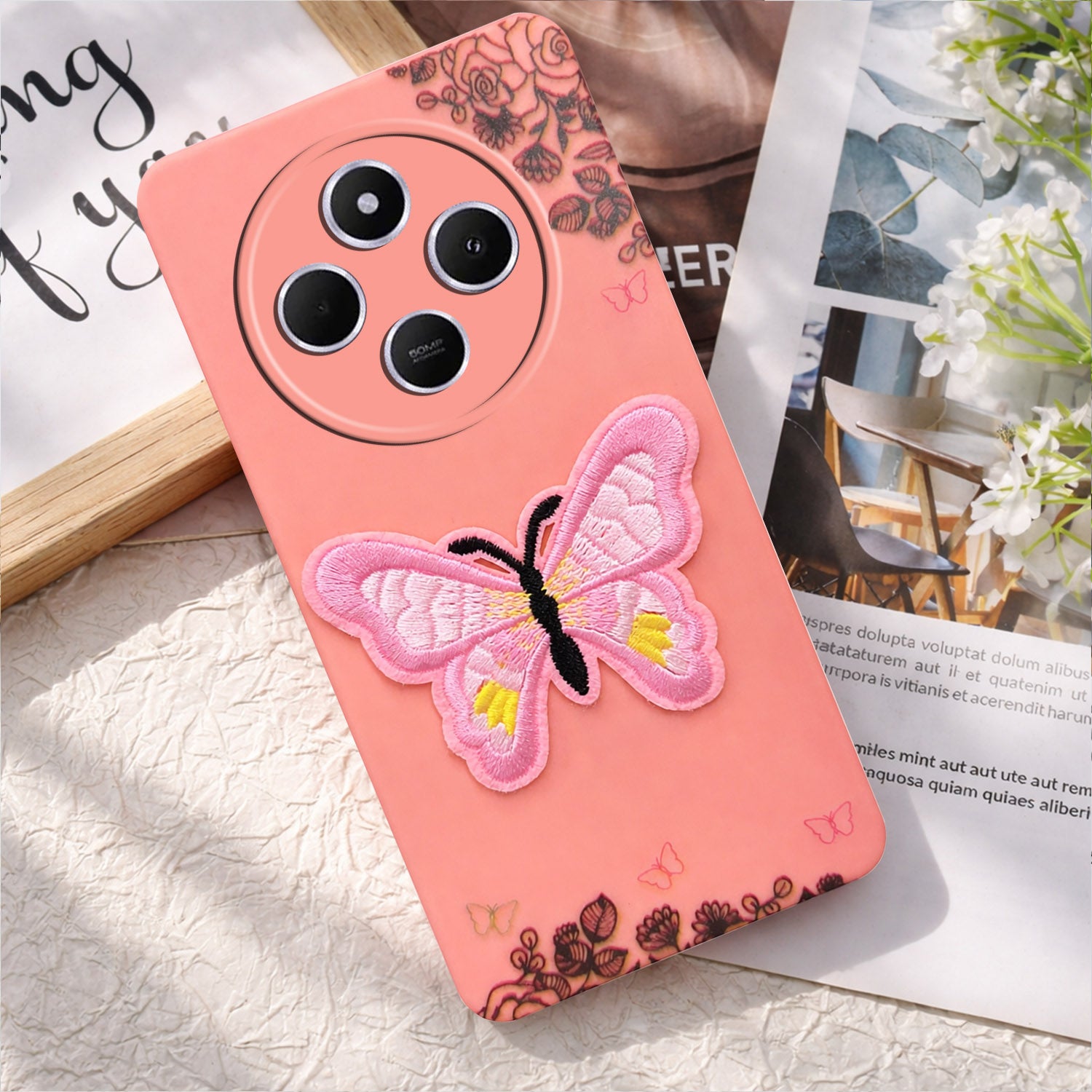 For Redmi A4 5G | Xiaomi Redmi 14C Back Cover Case (Soft Butterfly Embroidery | Women Teen Girls | Camera Protection| Matte Silicone)