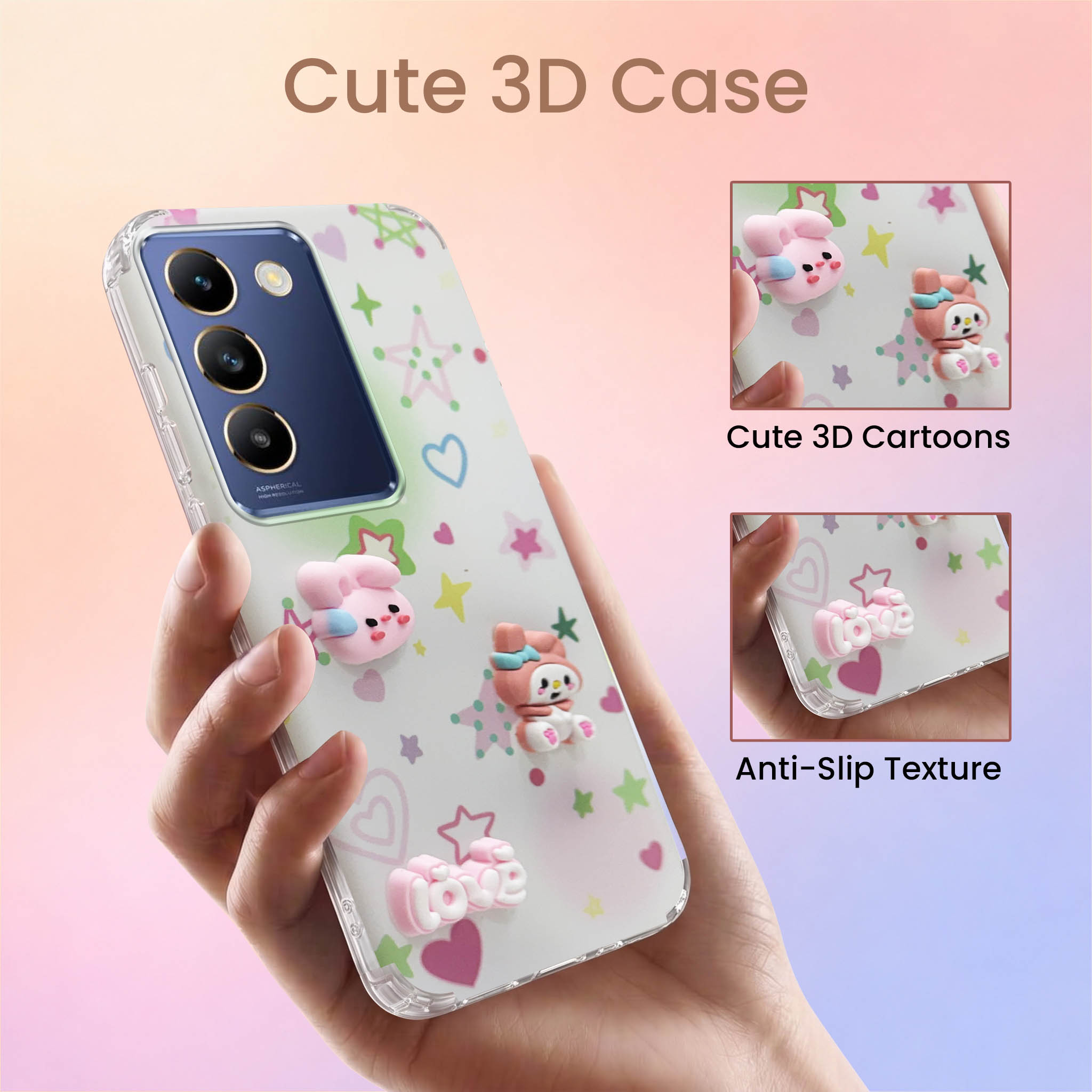 For Vivo T3 5G Back Cover Case (3D Cute Cartoons | Hard Back Side Soft | Matte Premium Finish | HD Printing)