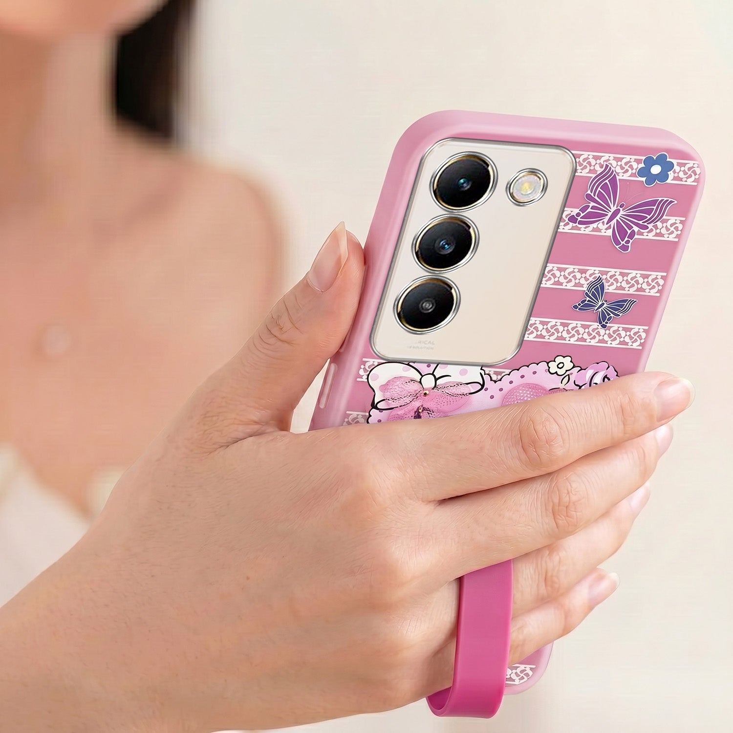 For Vivo Y200e Back Cover Case (3D Cute Heart Strap Holder | Camera Protection | Designer Girls Print)