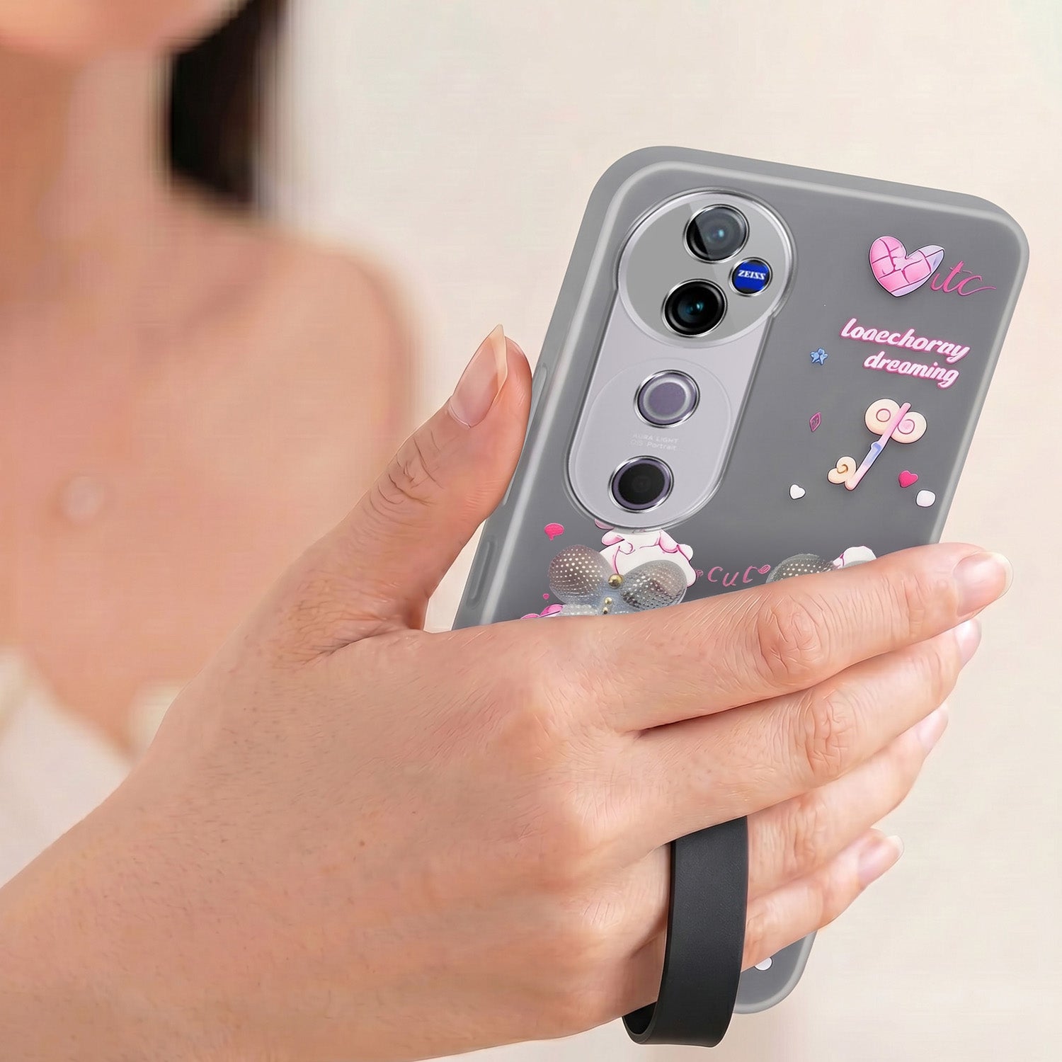 For Vivo V40 | Vivo V40 Pro 5G Back Cover Case (3D Cute Heart Strap Holder | Camera Protection | Designer Girls Print)