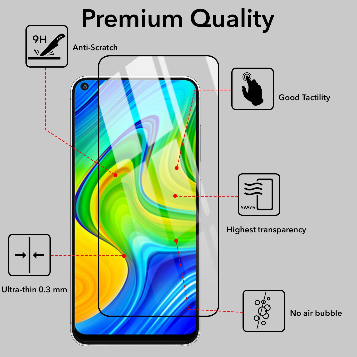 For Xiaomi Mi Redmi Note 9 Tempered Glass Military-Grade Gorilla Screen Protector With Installation Kit | Shatterproof, Full Coverage, HD Clear, Scratch Resistant (Pack of 1)