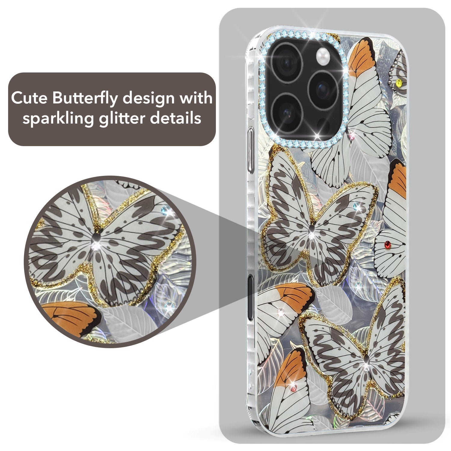 For iPhone 16 Pro Max Back Cover Case (Luxury Floral Glitter Cute Butterfly | Diamond Studded Camera Bump | Girls & Women Design)