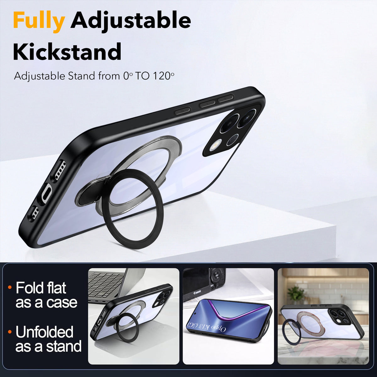 For Oppo K13 Back Cover Case (Kick Stand Ring Holder | Life time Anti Yellow | Camera Protection)