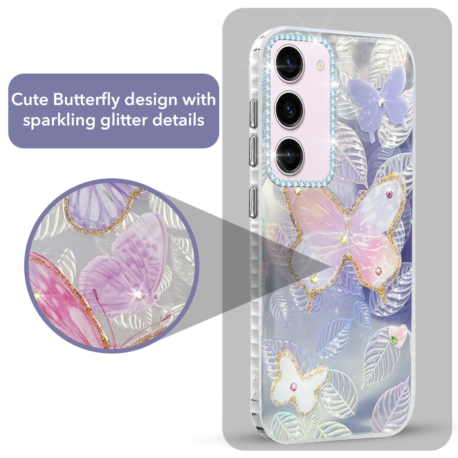 For Samsung Galaxy S23 5G Back Cover Case (Luxury Floral Glitter Cute Butterfly | Diamond Studded Camera Bump | Girls & Women Design)