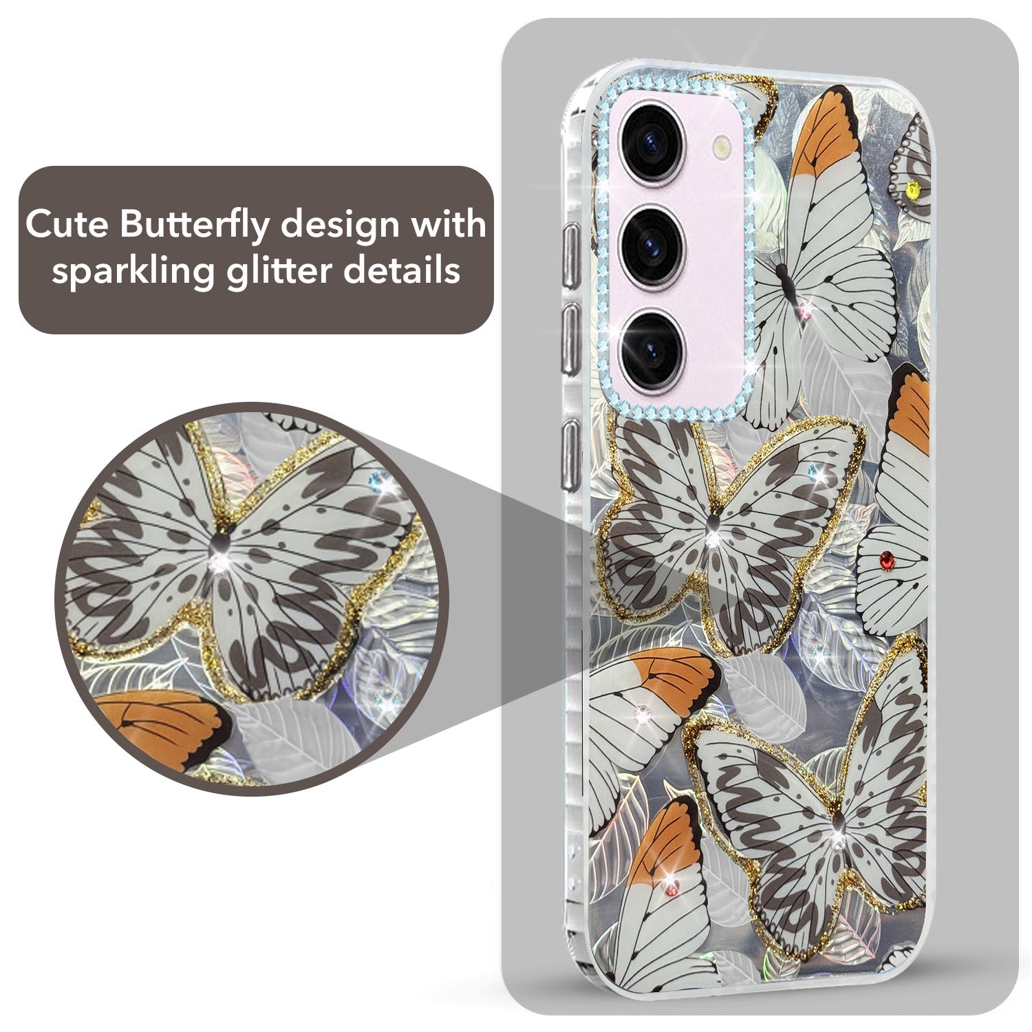 For Samsung Galaxy S23 5G Back Cover Case (Luxury Floral Glitter Cute Butterfly | Diamond Studded Camera Bump | Girls & Women Design)
