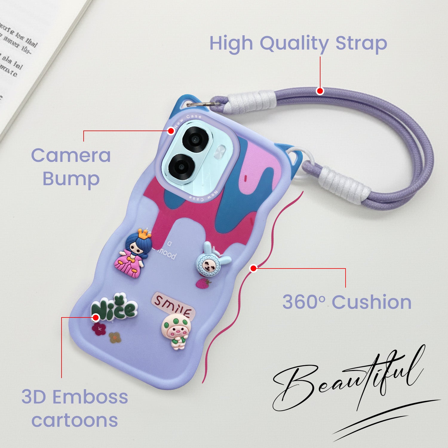 For Oppo A6X | Oppo A6S Back Case Cover Strap (3D Embossed Figures | Strap Holder | 360* Soft Cushion with Camera Bump)