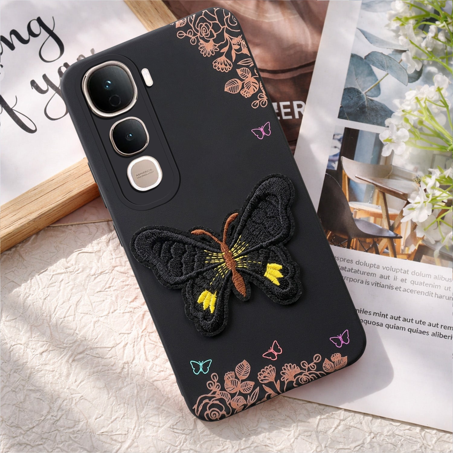 For Vivo Y400 Pro Back Cover Case (Soft Butterfly Embroidery | Women Teen Girls | Camera Protection| Matte Silicone)