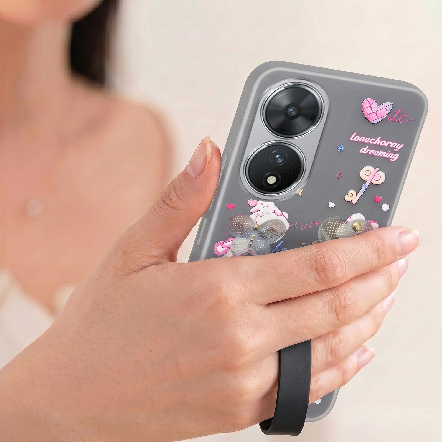 For Vivo T2 Back Cover Case (3D Cute Heart Strap Holder | Camera Protection | Designer Girls Print)