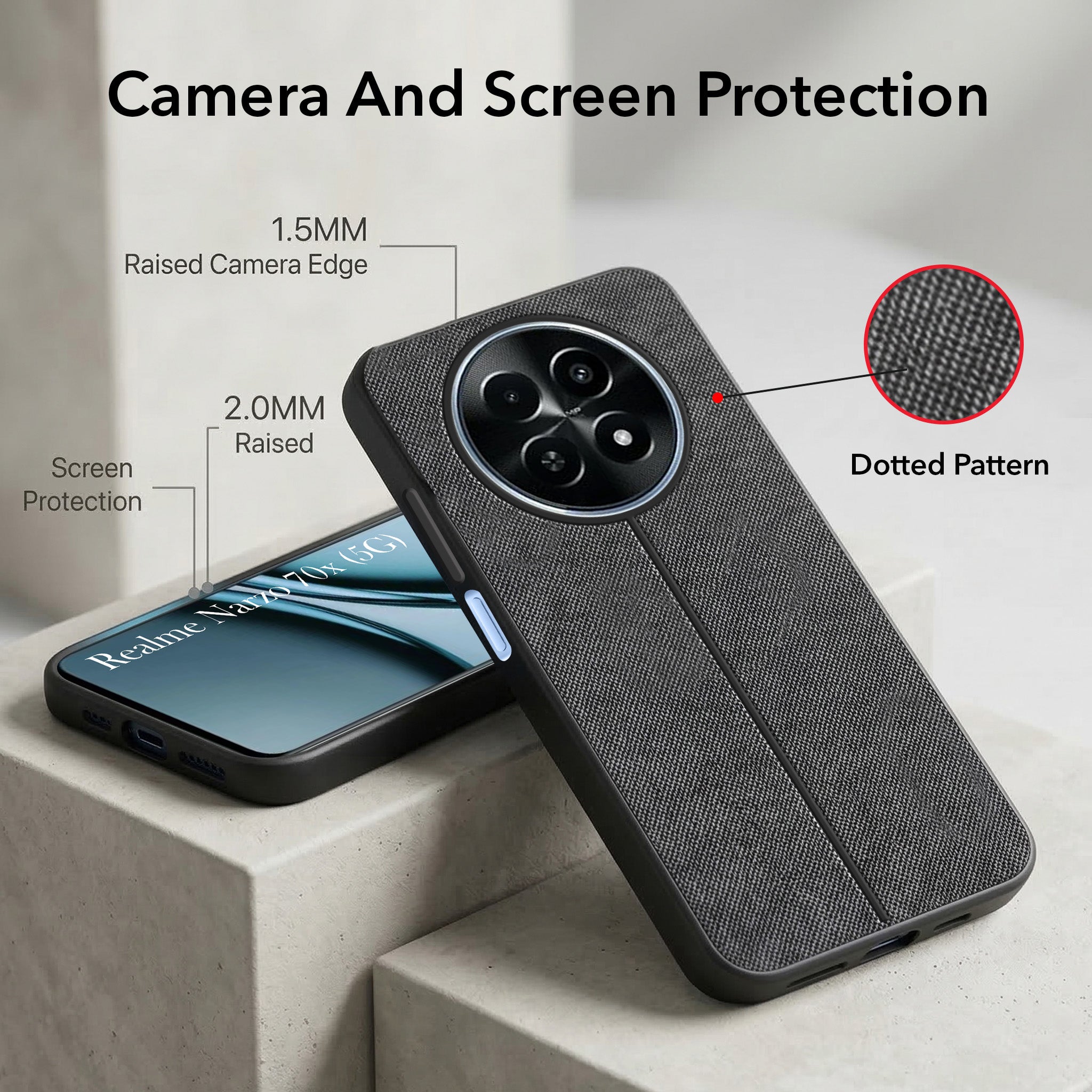 For Realme Narzo 70x 5G Combo with Back Cover and 9H Tempered Glass (Textured Grip Design | Micro-Fiber Cloth Inside | Oleophobic Coating Screen Glass)