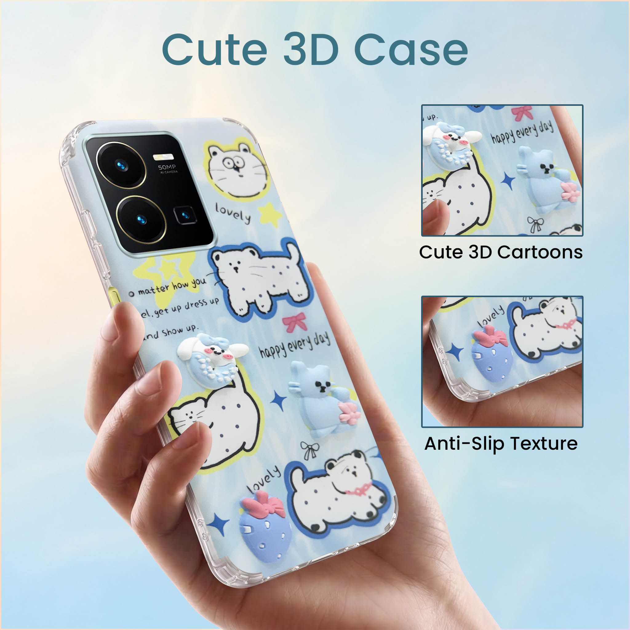 For Vivo Y35 Back Cover Case (3D Cute Cartoons | Hard Back Side Soft | Matte Premium Finish | HD Printing)