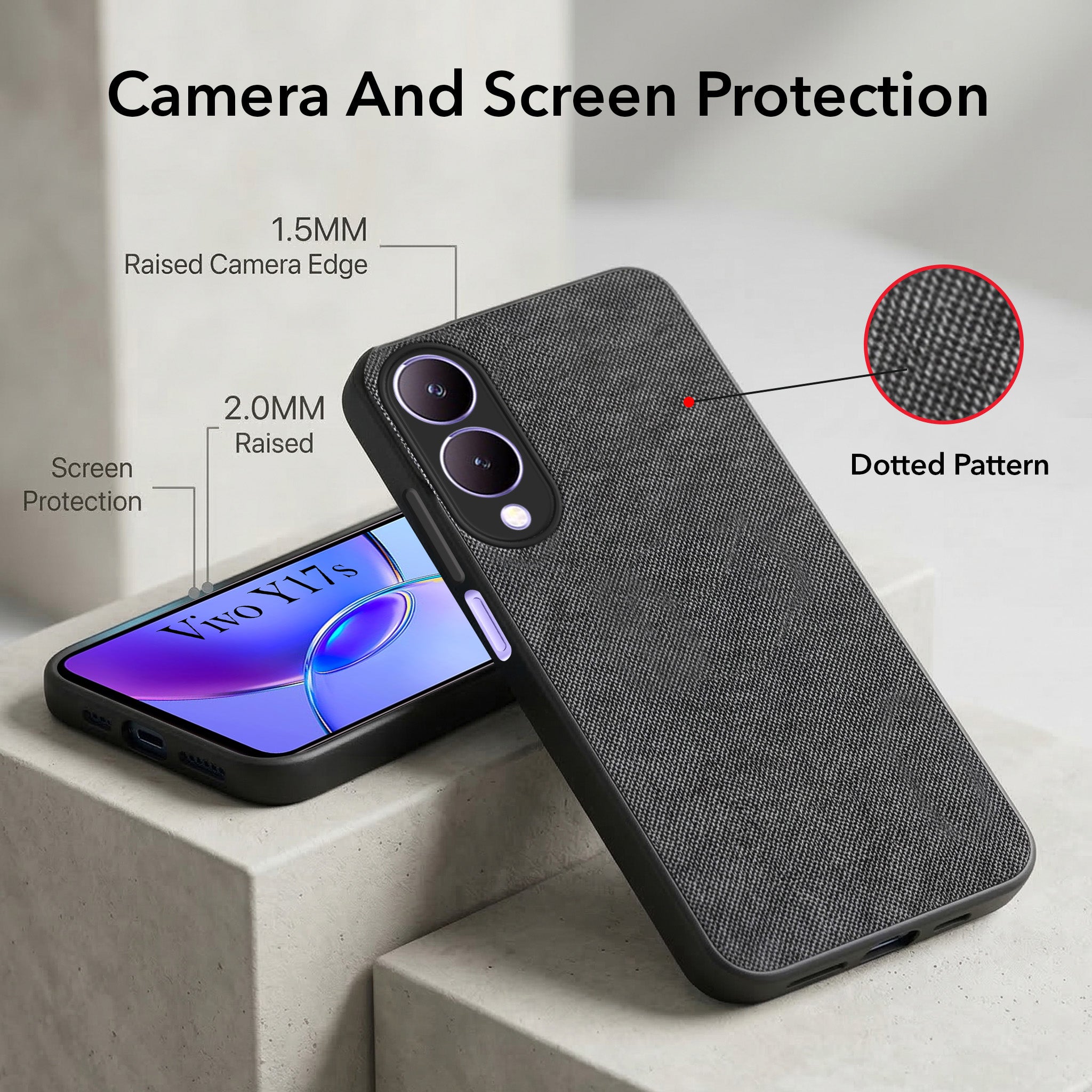 For Vivo Y17s Combo with Back Cover and 9H Tempered Glass (Textured Grip Design | Micro-Fiber Cloth Inside | Oleophobic Coating Screen Glass)