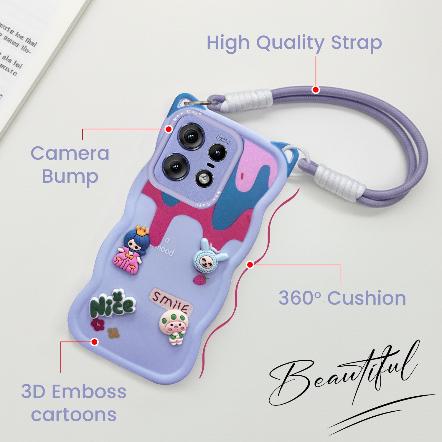 For Motorola Moto Edge 50 Pro Back Case Cover Strap (3D embossed Figures | Strap Holder | 360* Soft Cushion with Camera Bump)
