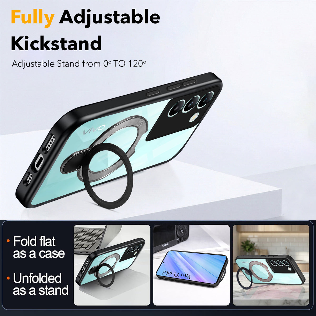 For Vivo T3 5G Back Cover Case (Kick Stand Ring Holder | Life time Anti Yellow | Camera Protection)